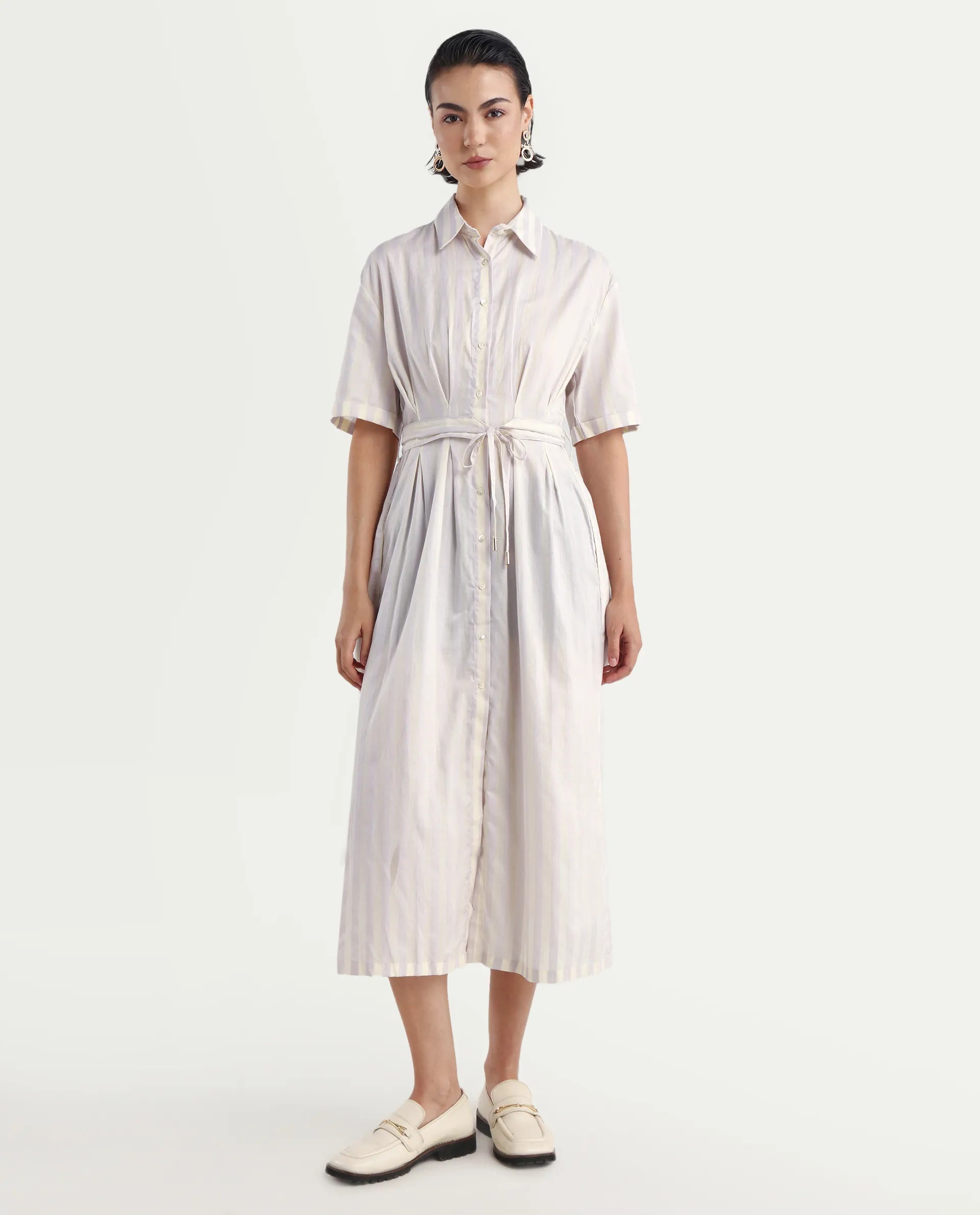 Rareism Women's Paris Yellow Spread Collar Striped Knee Length Regular Fit Dress