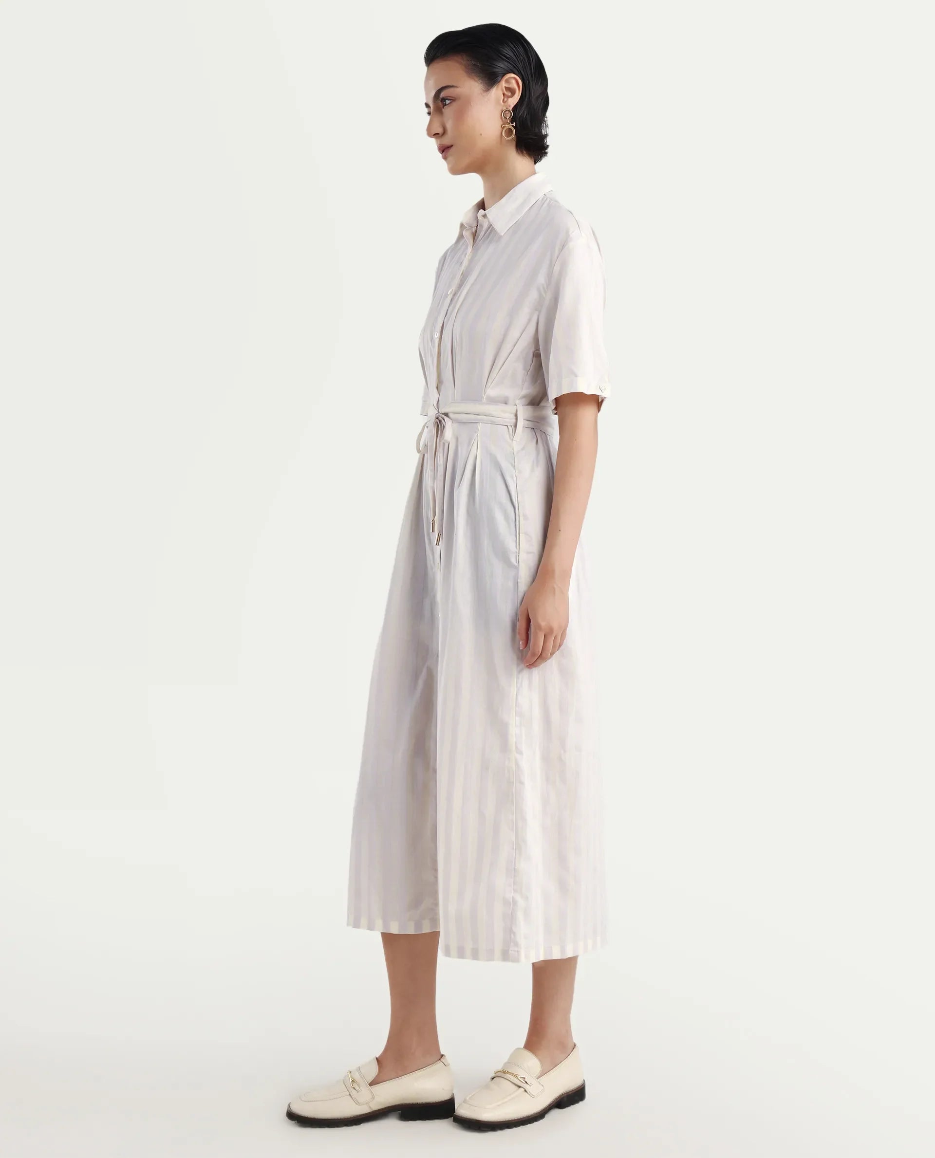 Rareism Women's Paris Yellow Spread Collar Striped Knee Length Regular Fit Dress