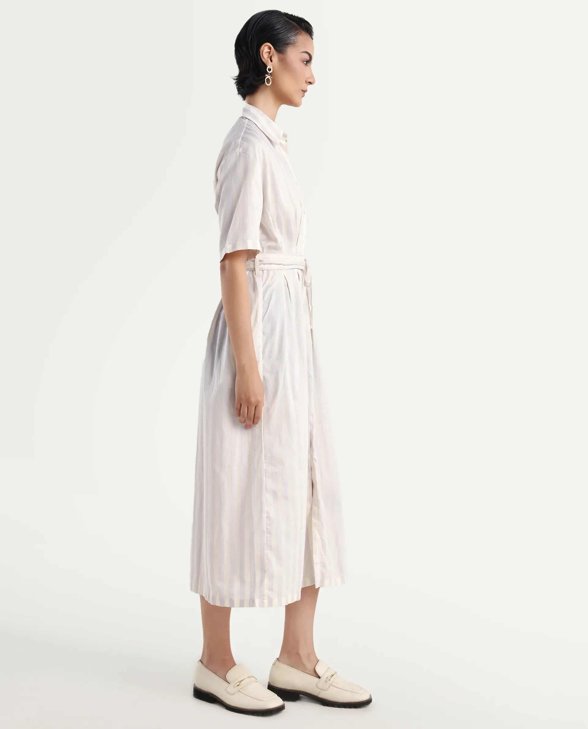 Rareism Women's Paris Yellow Spread Collar Striped Knee Length Regular Fit Dress