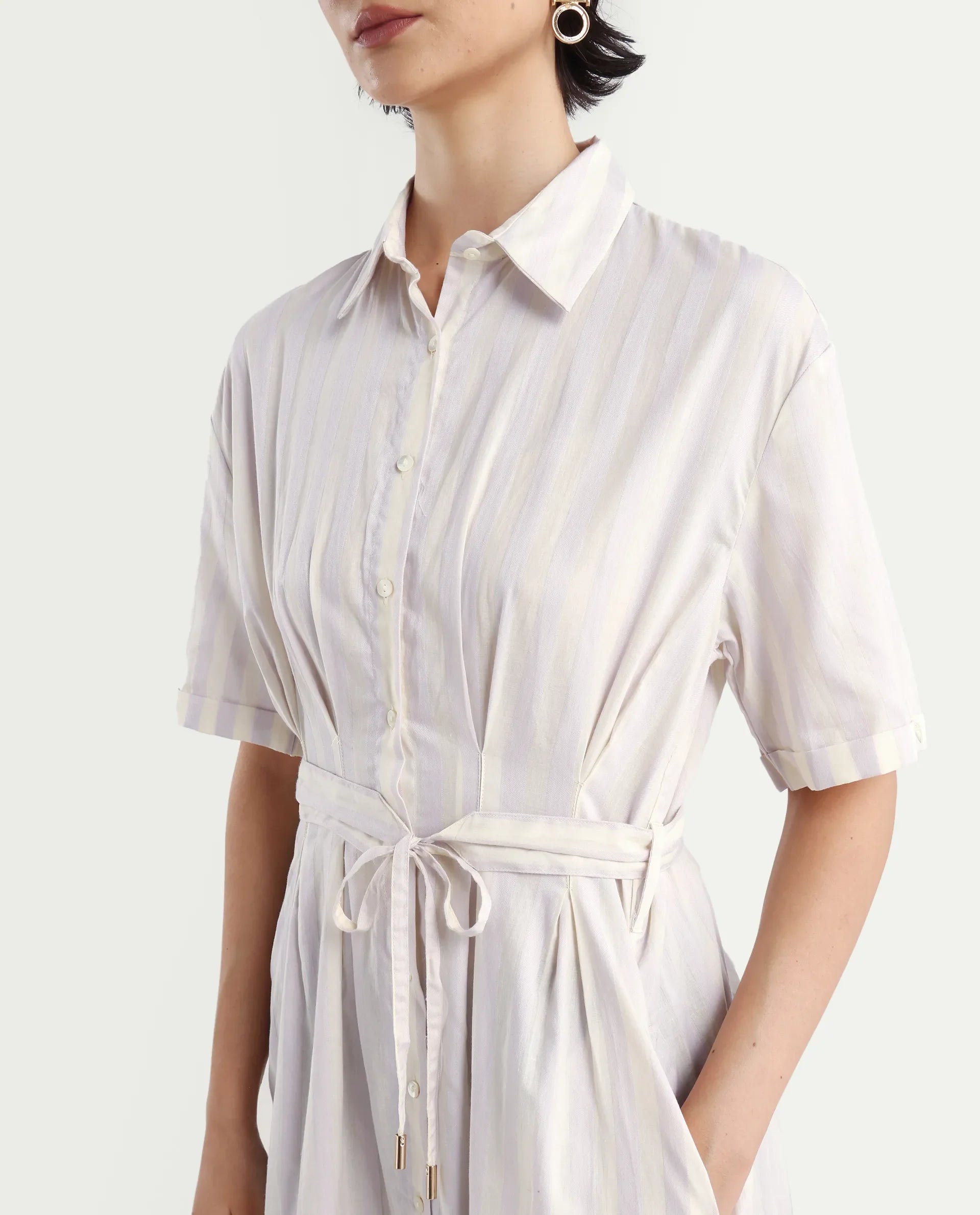 Rareism Women's Paris Yellow Spread Collar Striped Knee Length Regular Fit Dress