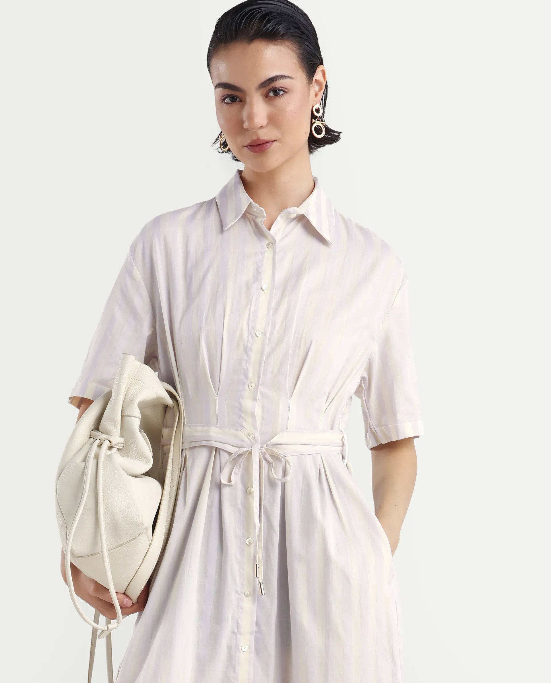 Rareism Women's Paris Yellow Spread Collar Striped Knee Length Regular Fit Dress