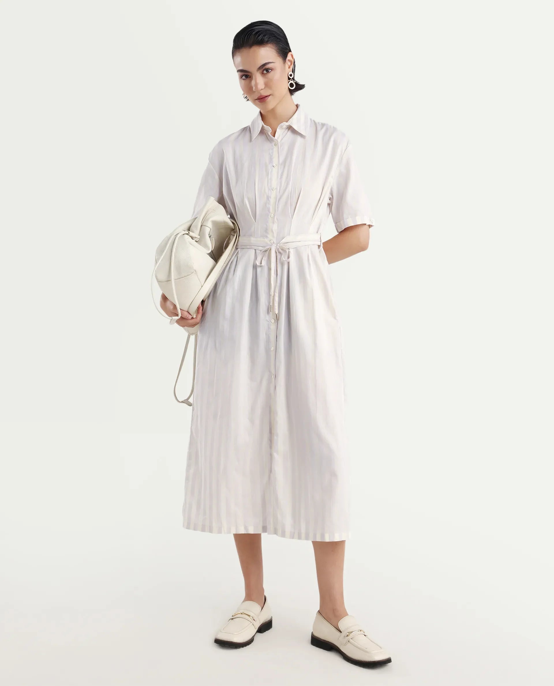 Rareism Women's Paris Yellow Spread Collar Striped Knee Length Regular Fit Dress