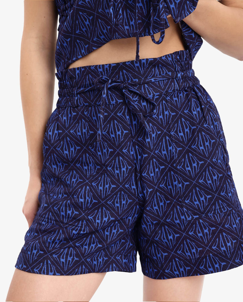 Rareism Women Parma Dark Blue Cotton Fabric Tie Up Monogram Print Mini Shorts