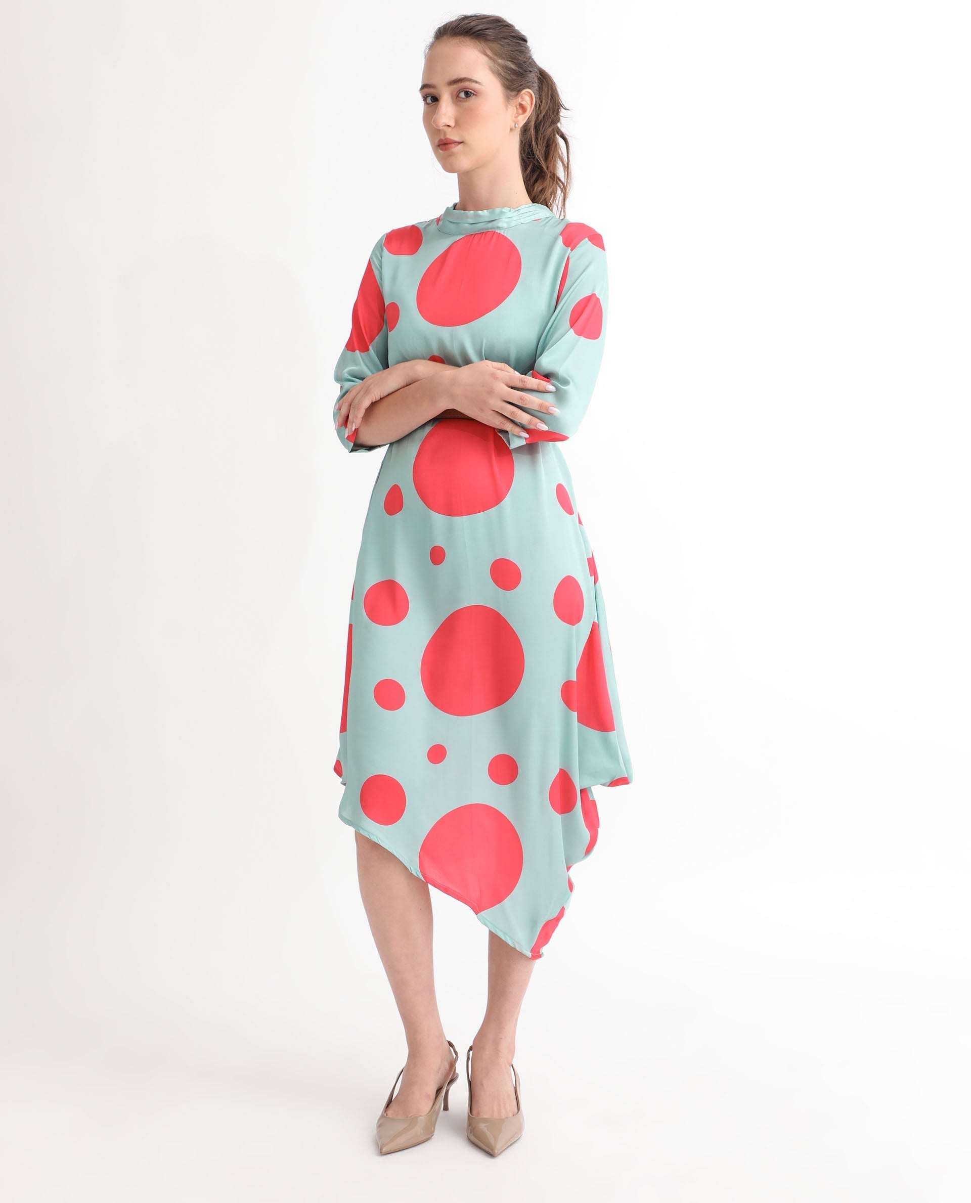 Rareism Women Paterson Light Turq Polyester Fabric 3/4Th Sleeves Zip Closure High Neck Slim Fit Polka Knee Length Asymmetric Dress