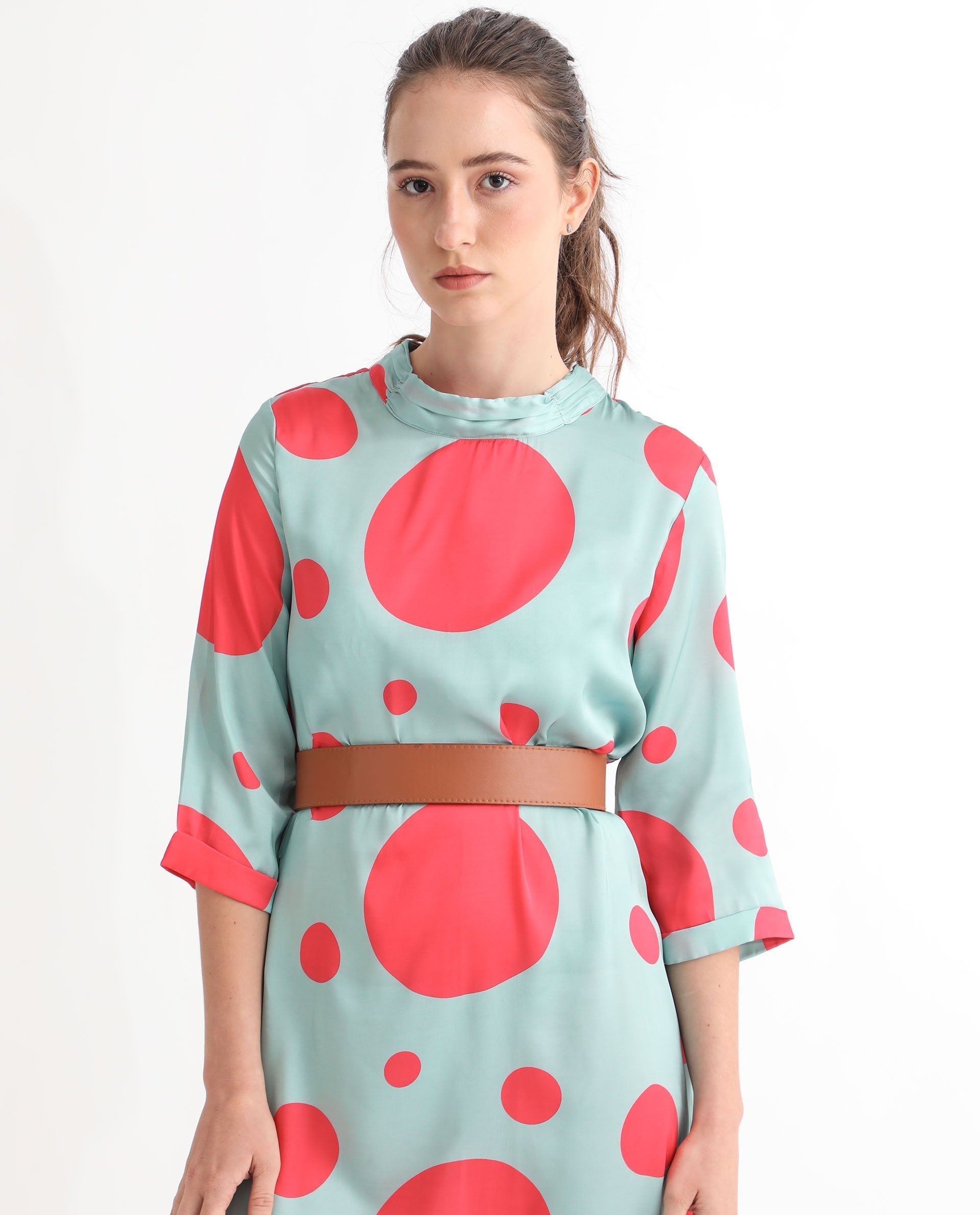 Rareism Women Paterson Light Turq Polyester Fabric 3/4Th Sleeves Zip Closure High Neck Slim Fit Polka Knee Length Asymmetric Dress