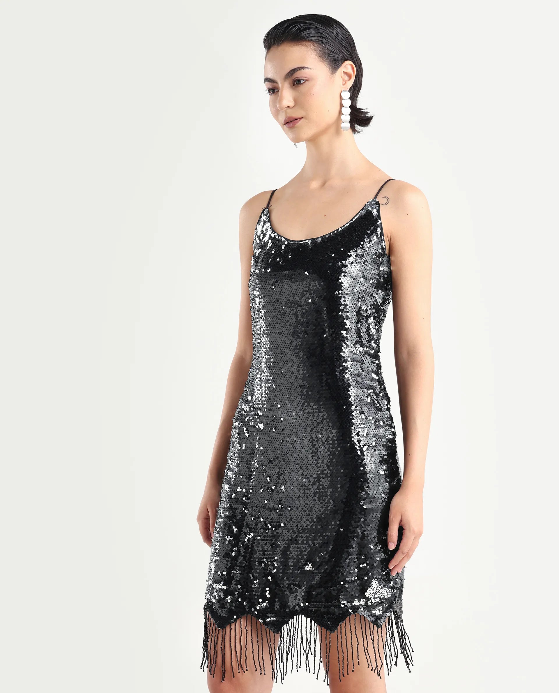 Rareism Women's Pau Sheen Black Polyester Shoulder Strap Sequined Shoulder Strap Mini Regular Fit Dress