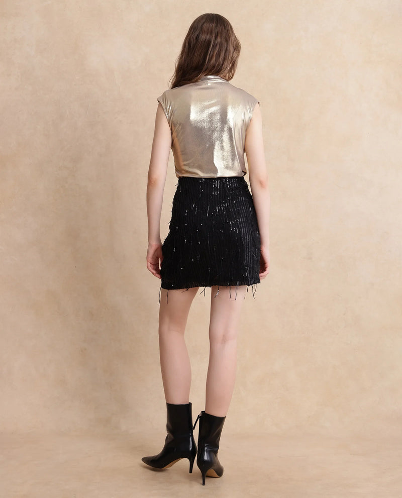 Rareism Women Paulo Metallic Black Cotton Fabric Sequined Skirt