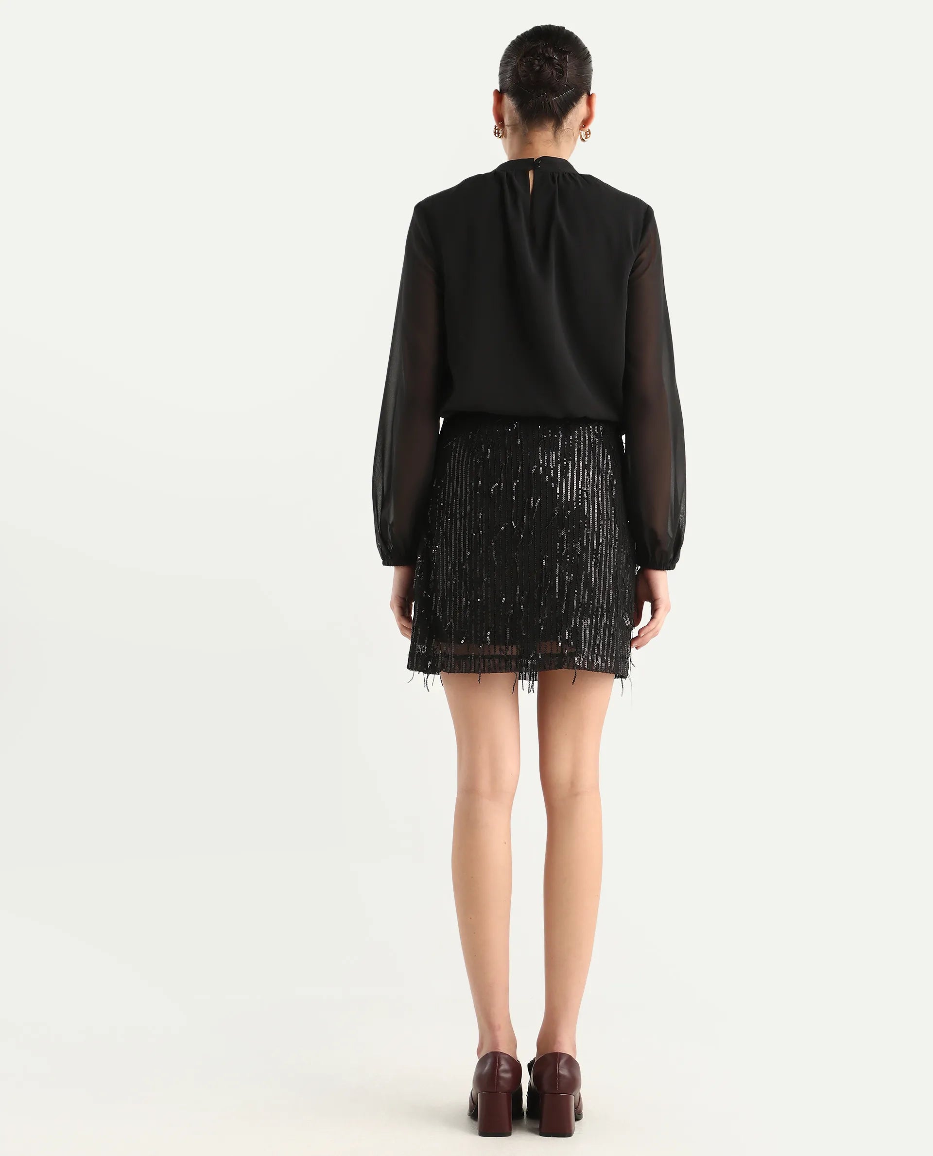 Rareism Women's Paulo Metallic Black Cotton Sequined Mini Regular Fit Skirt