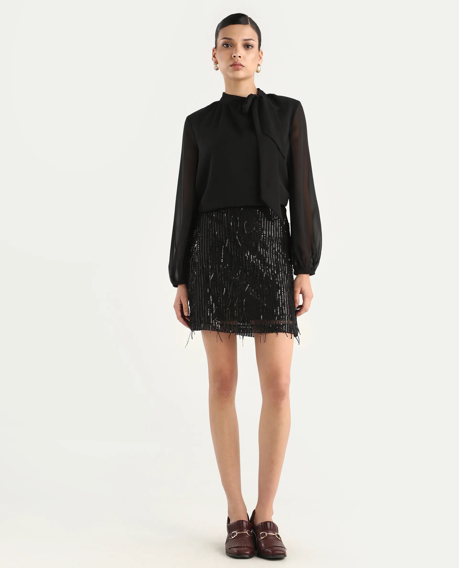 Rareism Women's Paulo Metallic Black Cotton Sequined Mini Regular Fit Skirt