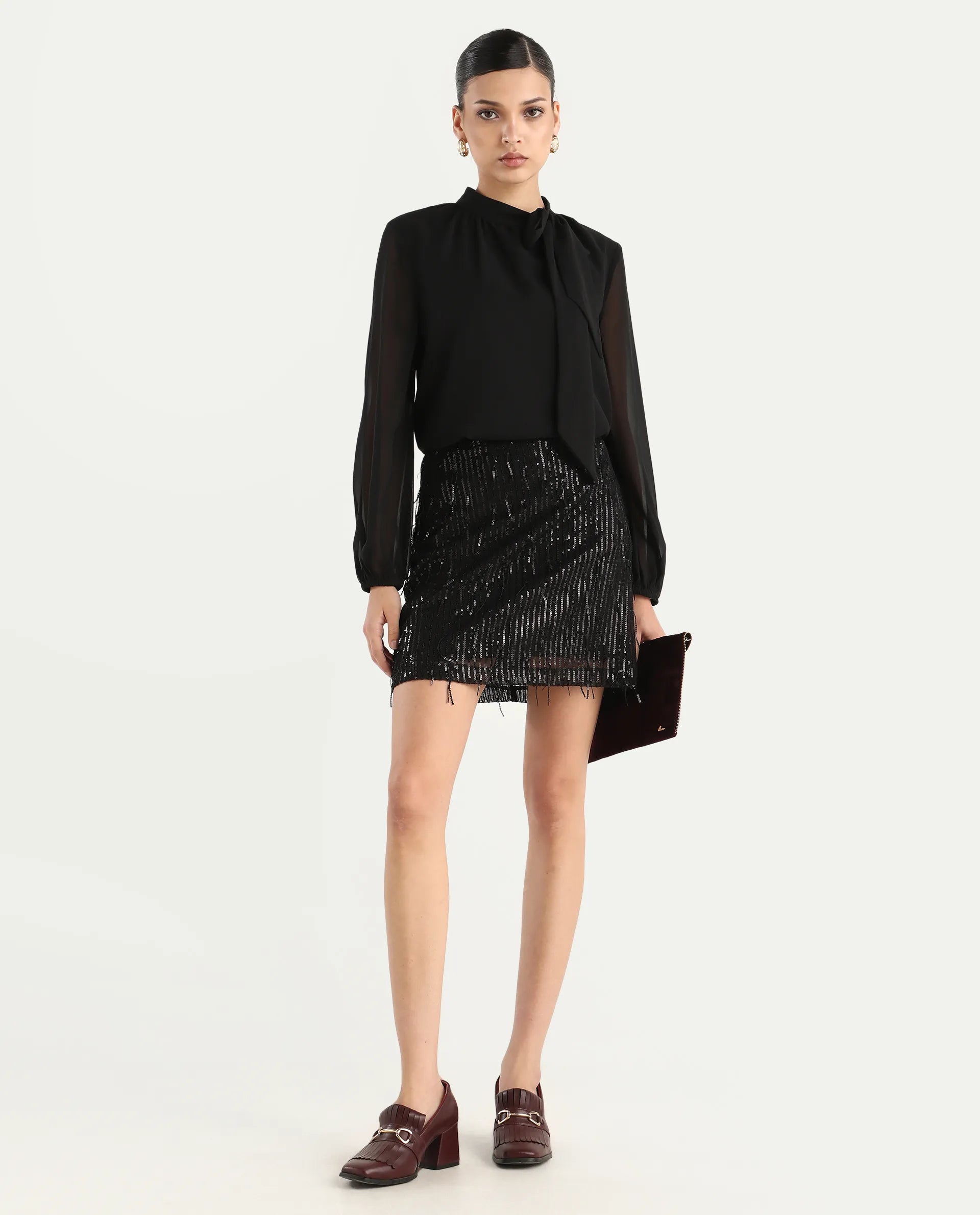 Rareism Women's Paulo Metallic Black Cotton Sequined Mini Regular Fit Skirt