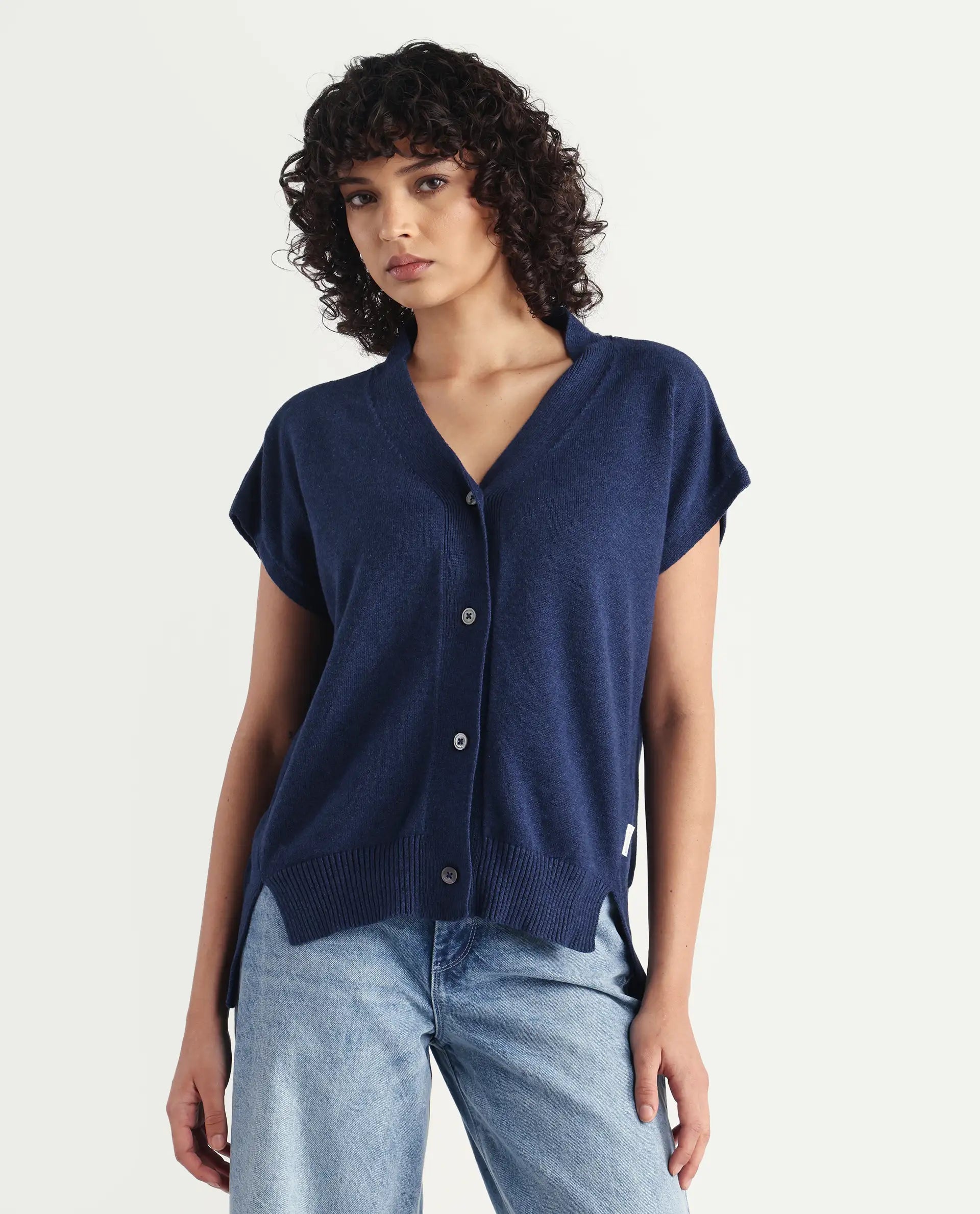 Rareism Women's Pave Blue Cotton V-Neck Plain Extended Sleeves Regular Fit Sweater