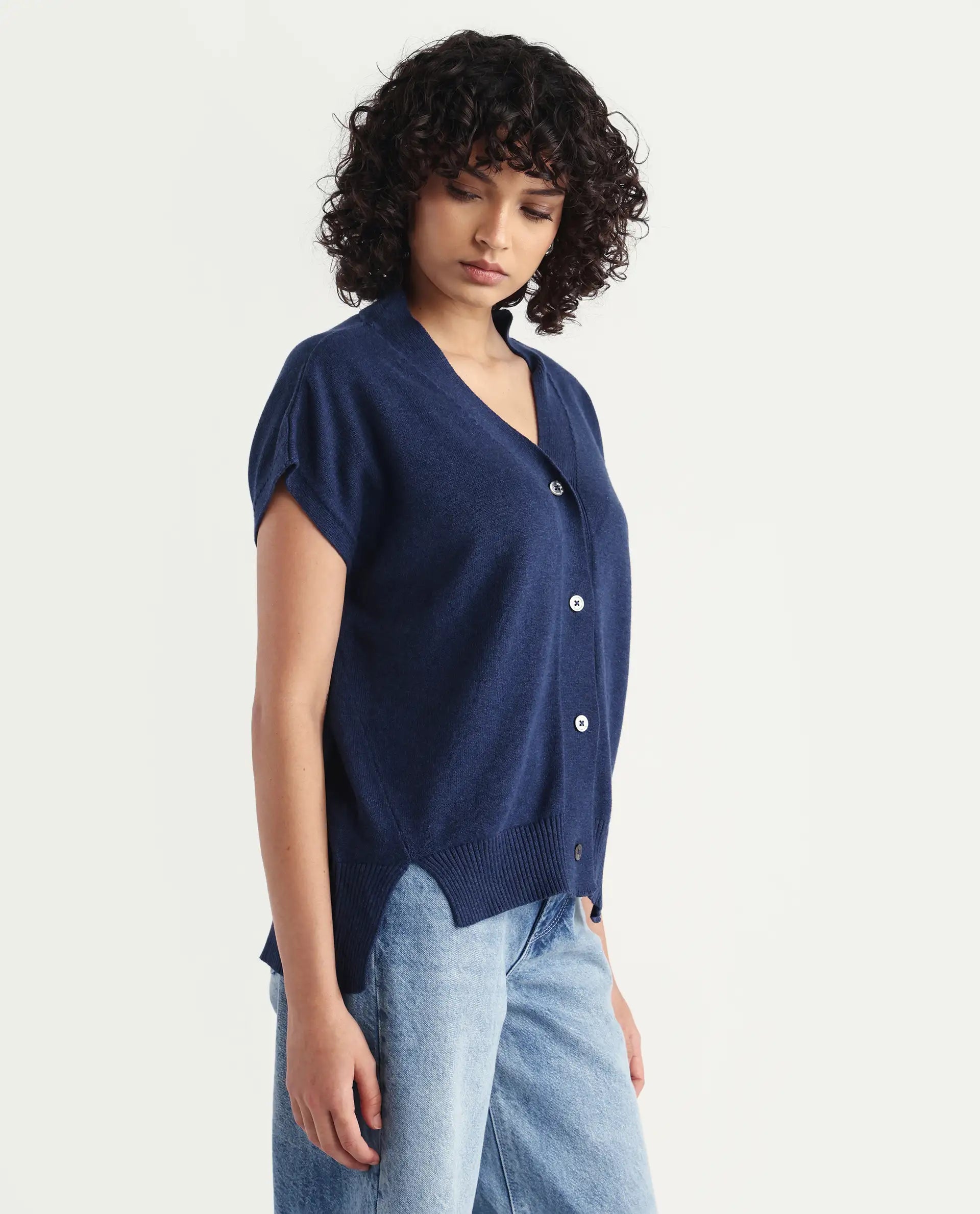 Rareism Women's Pave Blue Cotton V-Neck Plain Extended Sleeves Regular Fit Sweater