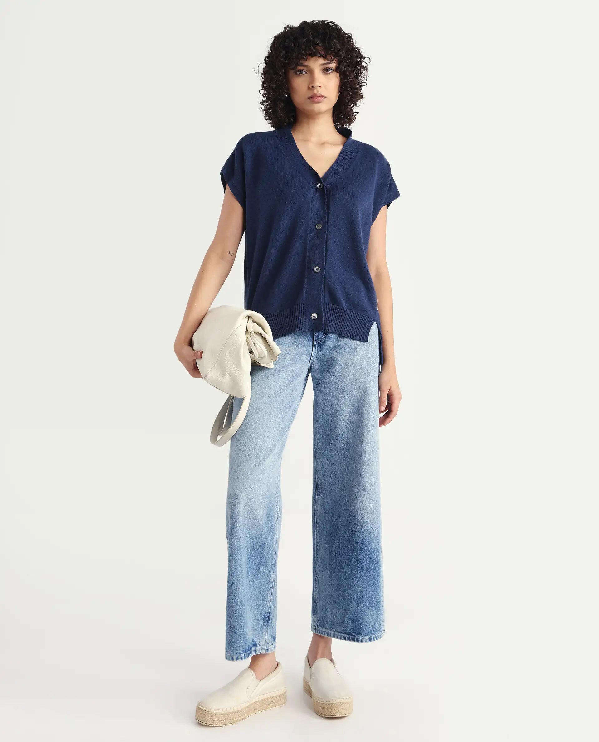 Rareism Women's Pave Blue Cotton V-Neck Plain Extended Sleeves Regular Fit Sweater