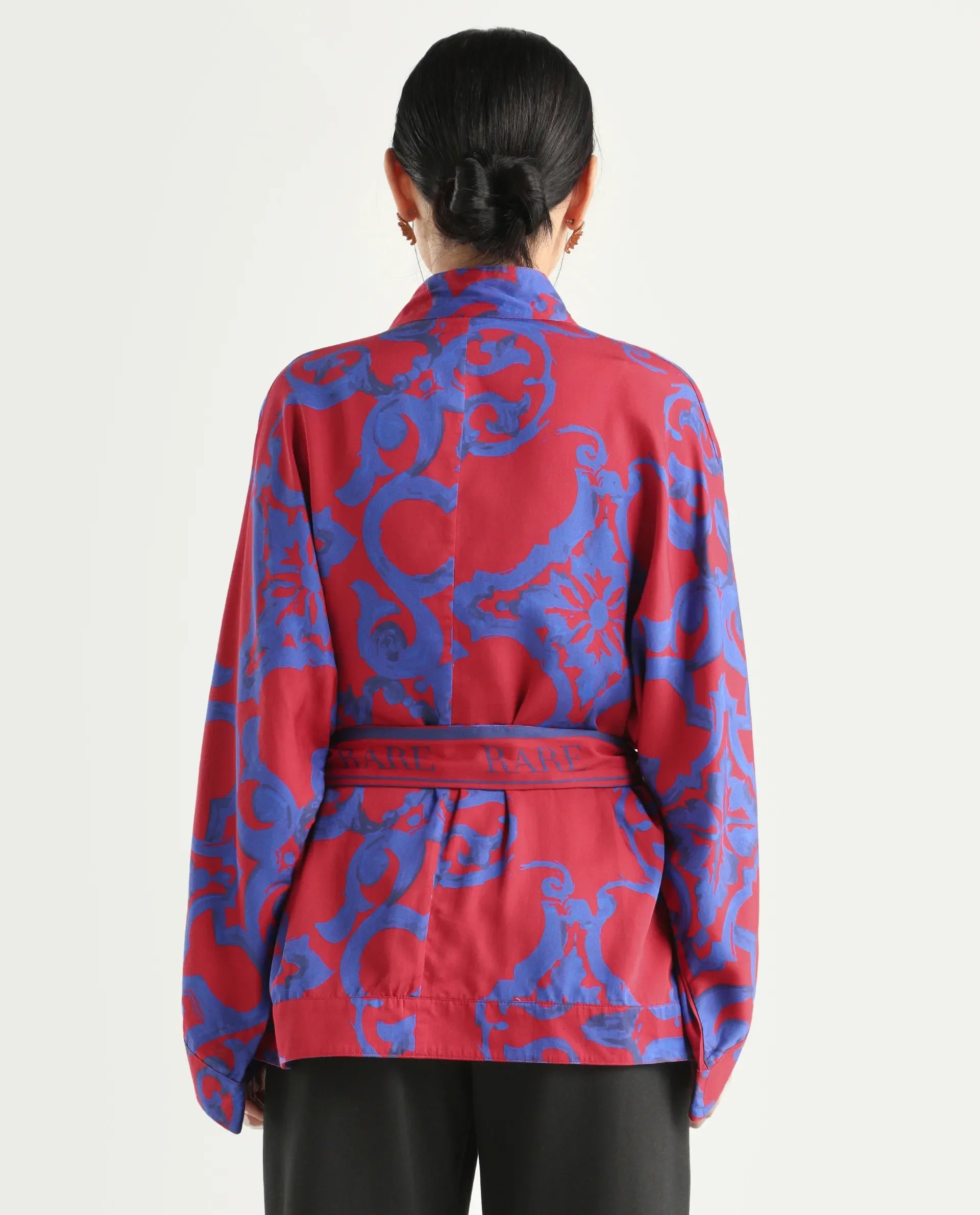 Rareism Women's Pavell Red Cotton Drop Collar Abstract Print Kimono Sleeve Regular Fit Top