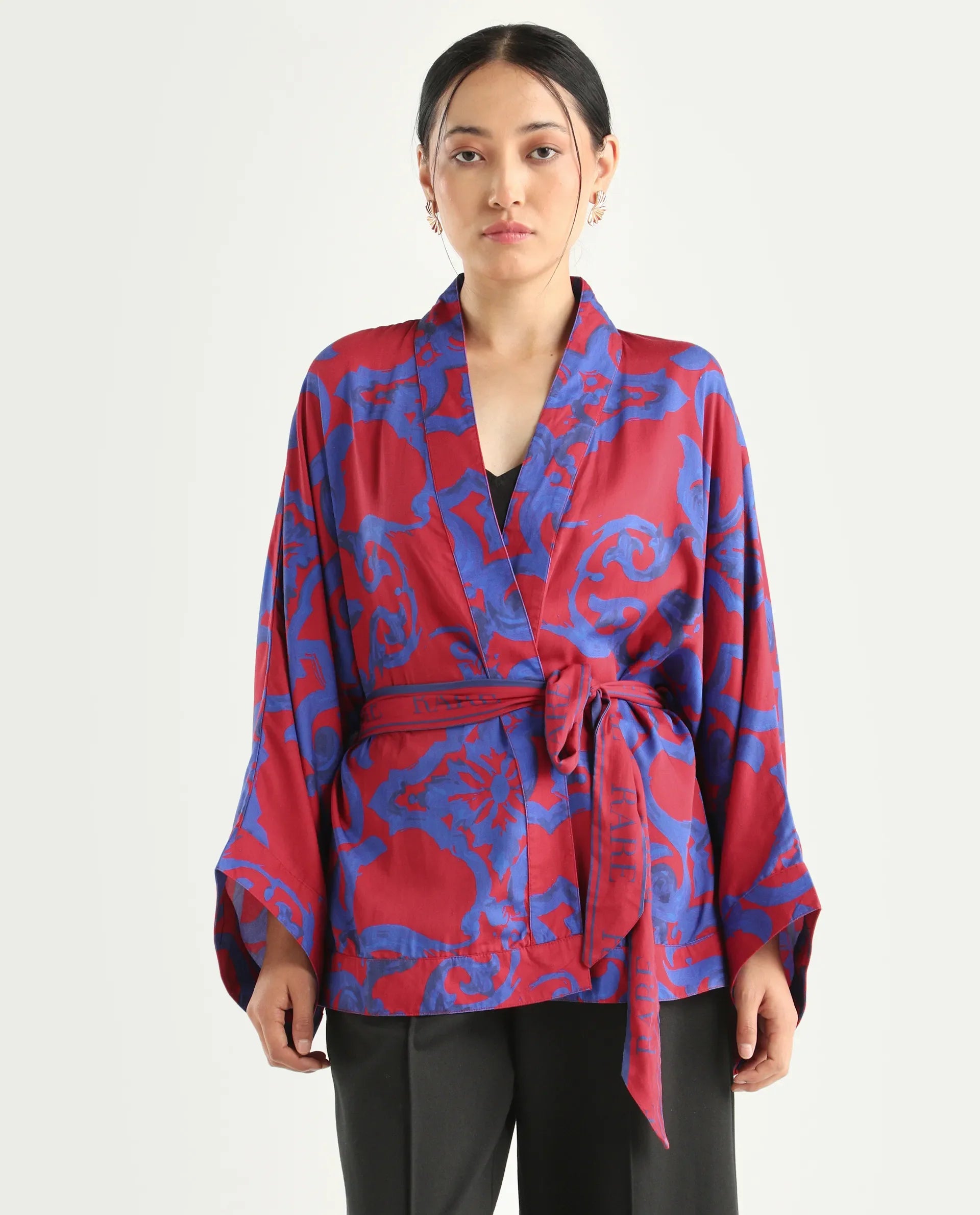 Rareism Women's Pavell Red Cotton Drop Collar Abstract Print Kimono Sleeve Regular Fit Top