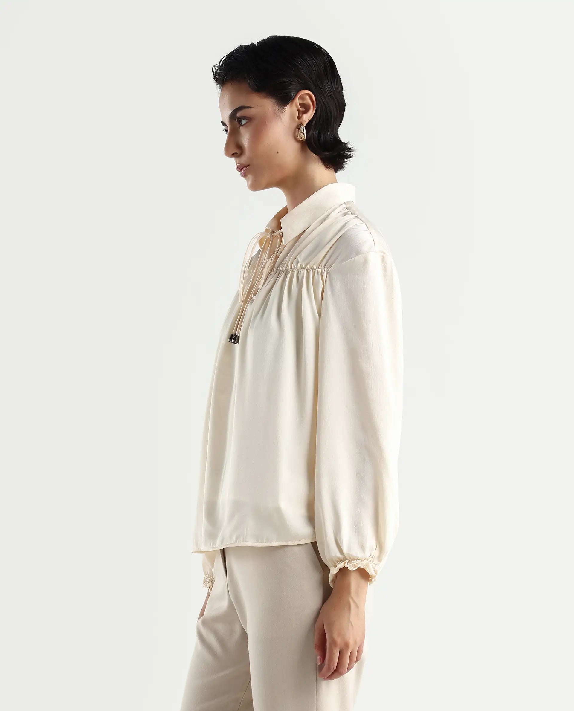Rareism Women's Paxo Offwhite Polyester Blend Tie-Up Neck Plain Regular Fit Top