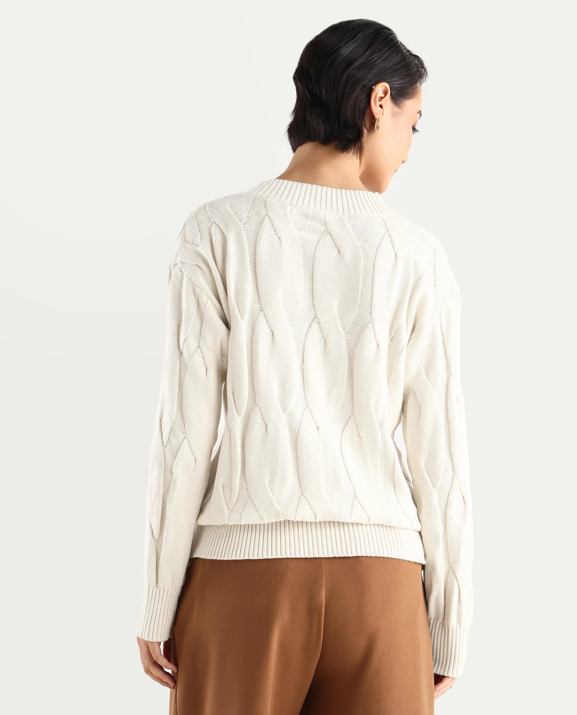 Rareism Women's Pax Off White Cotton V-Neck Plain Relaxed Fit Sweater