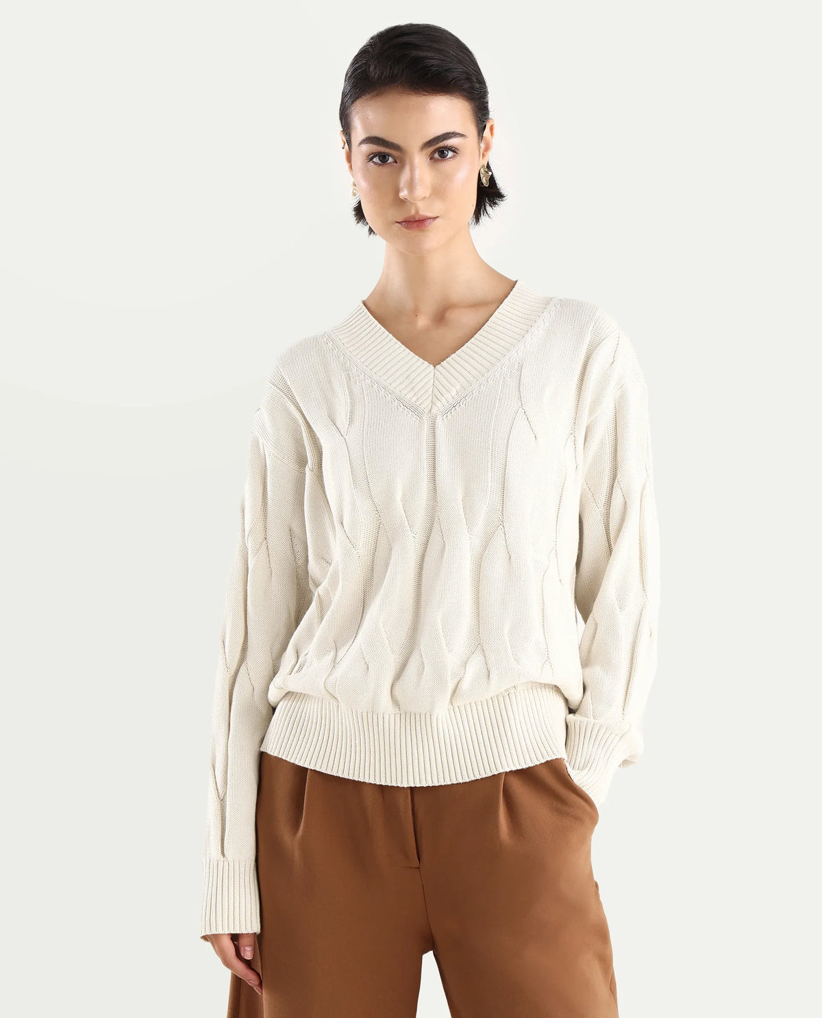 Rareism Women's Pax Off White Cotton V-Neck Plain Relaxed Fit Sweater