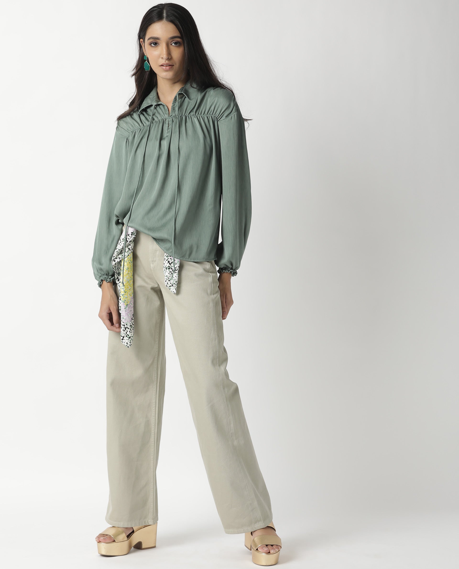 Rareism Womens Paxo Green Top Polycotton Fabric Regular Fit Full Sleeve Collared Neck