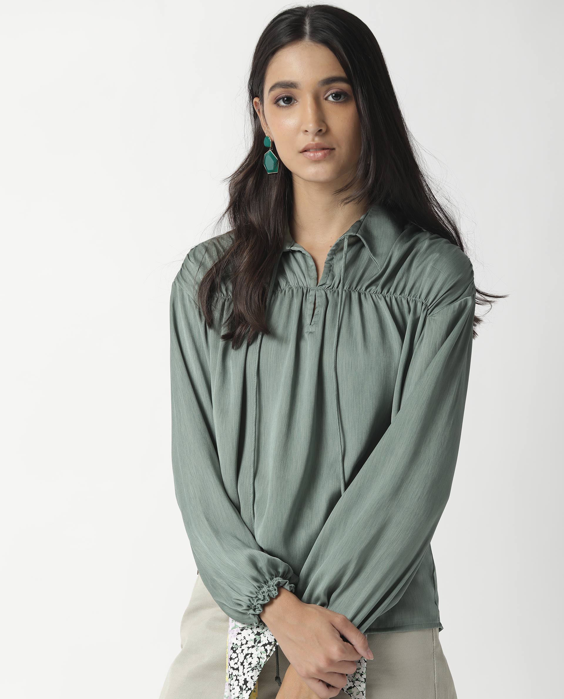 Rareism Womens Paxo Green Top Polycotton Fabric Regular Fit Full Sleeve Collared Neck