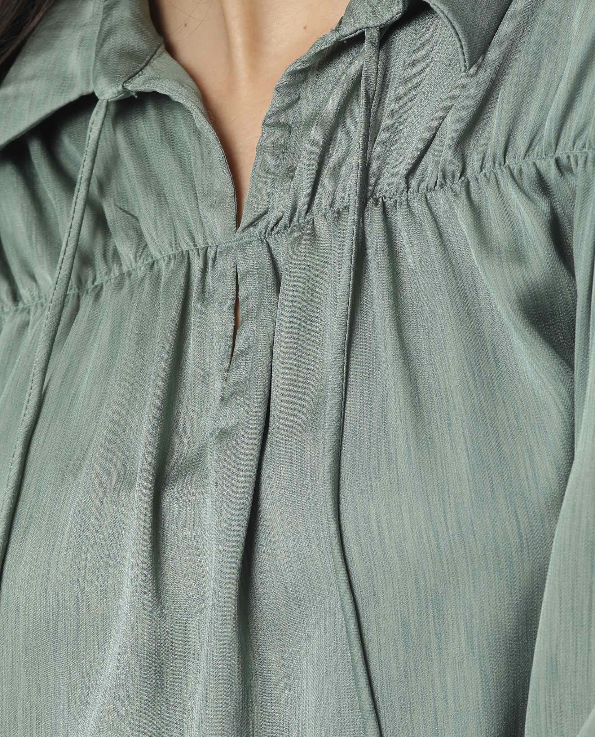 Rareism Womens Paxo Green Top Polycotton Fabric Regular Fit Full Sleeve Collared Neck