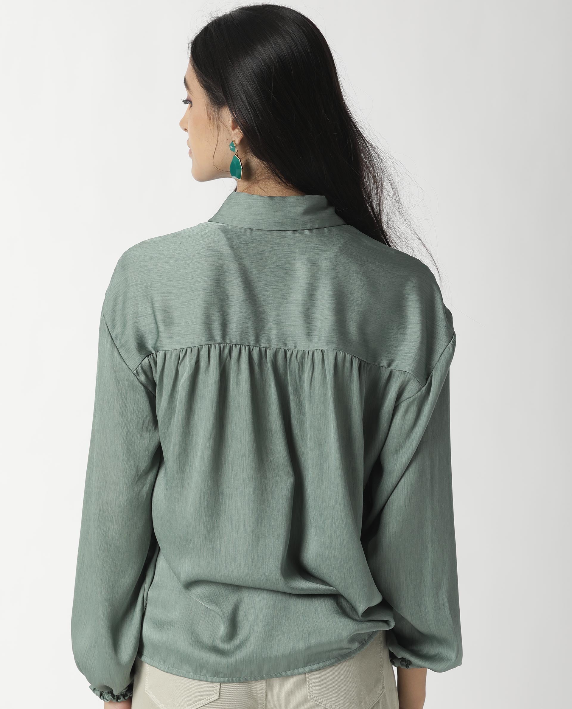 Rareism Womens Paxo Green Top Polycotton Fabric Regular Fit Full Sleeve Collared Neck