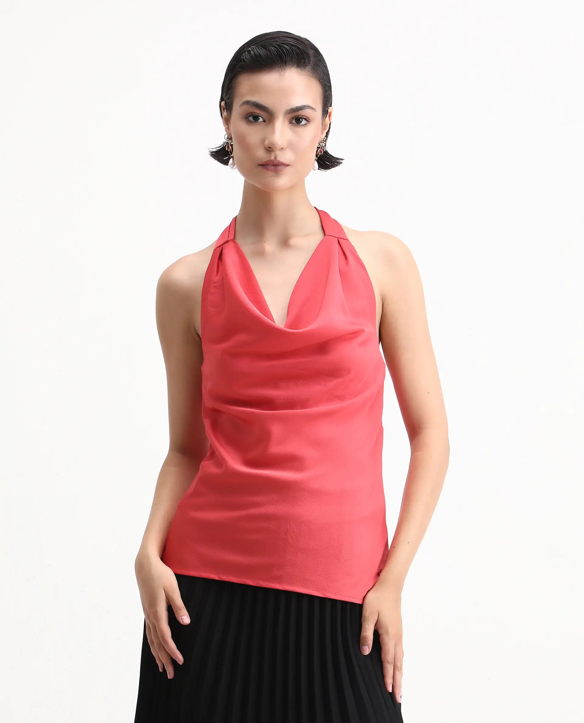 Rareism Women's Paxton Pastel Orange Polyester Blend Halter Neck Plain Sleeveless Regular Fit Top