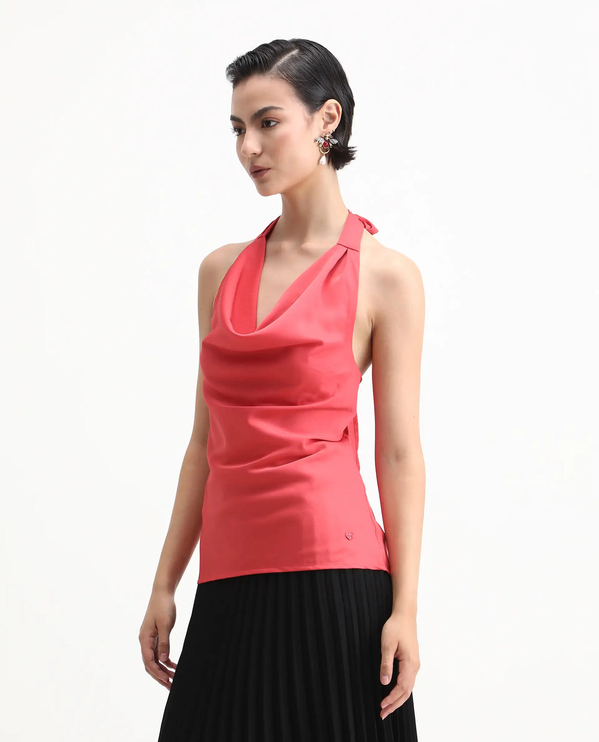 Rareism Women's Paxton Pastel Orange Polyester Blend Halter Neck Plain Sleeveless Regular Fit Top