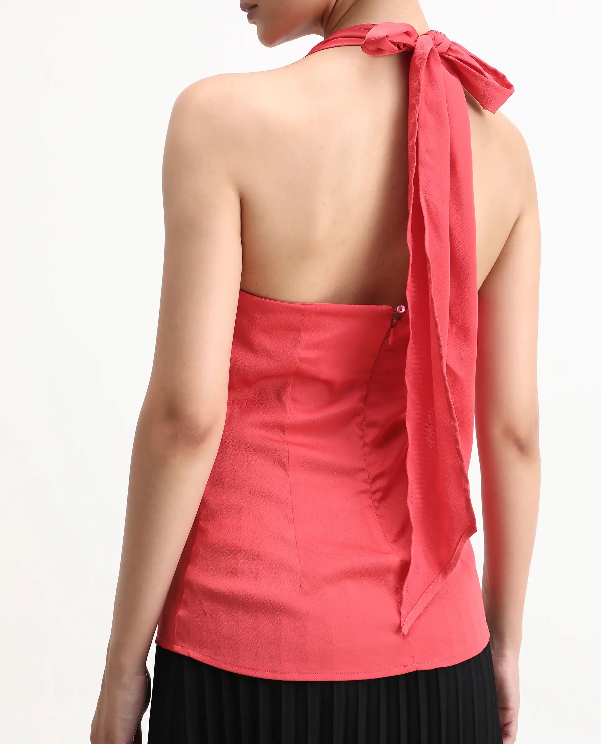 Rareism Women's Paxton Pastel Orange Polyester Blend Halter Neck Plain Sleeveless Regular Fit Top