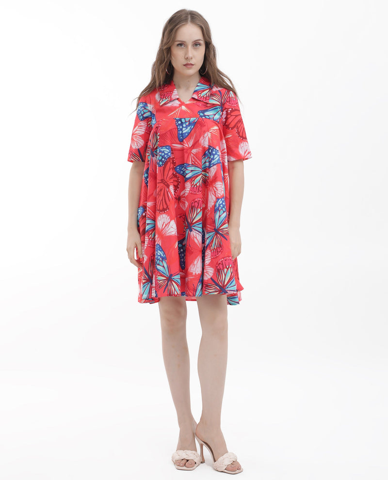 Rareism Women Payne Multi Cotton Fabric Short Sleeve Round Neck Floral Print Knee Length Dress