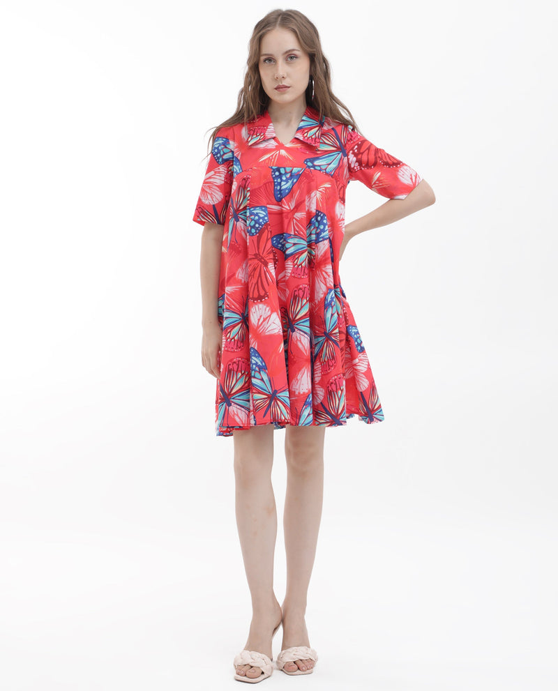 Rareism Women Payne Multi Cotton Fabric Short Sleeve Round Neck Floral Print Knee Length Dress