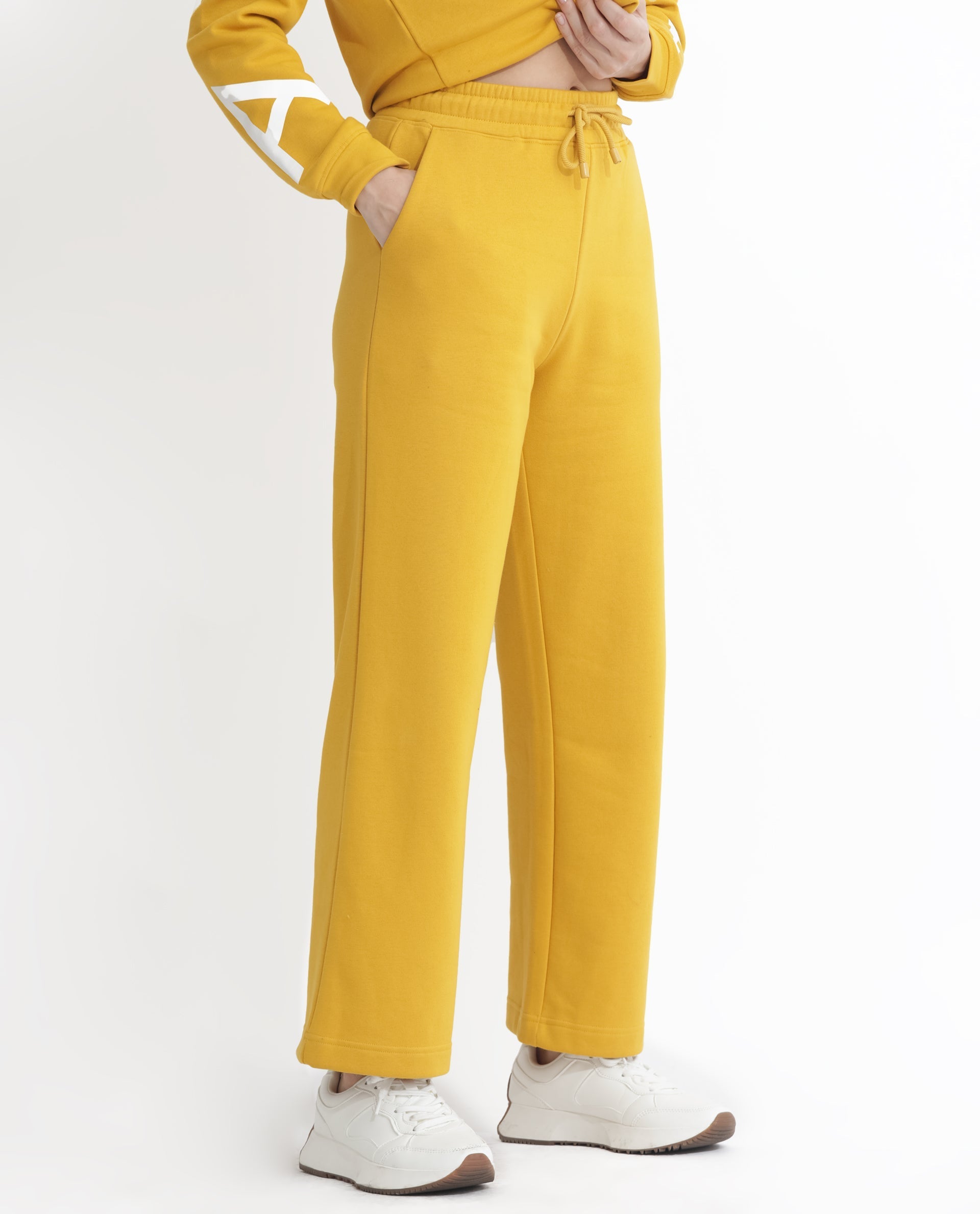 Rareism Women's Pazoo F Mustard Cotton Blend Plain Ankle Length Flared Track Pant