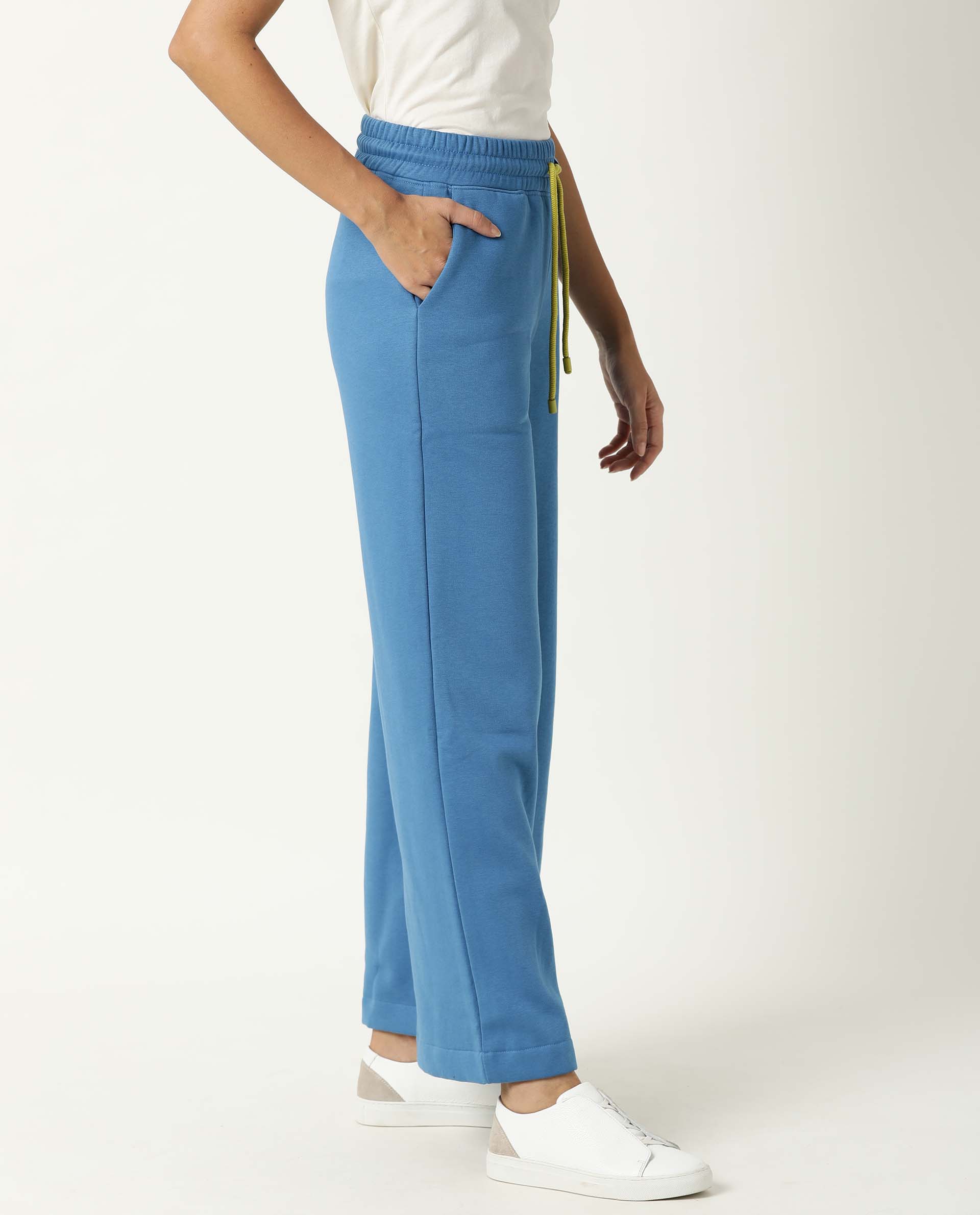 Rareism Women Pazo-1 Blue Poly Cotton Fabric Relaxed Fit Solid Mid Rise Ankle Length Track Pant