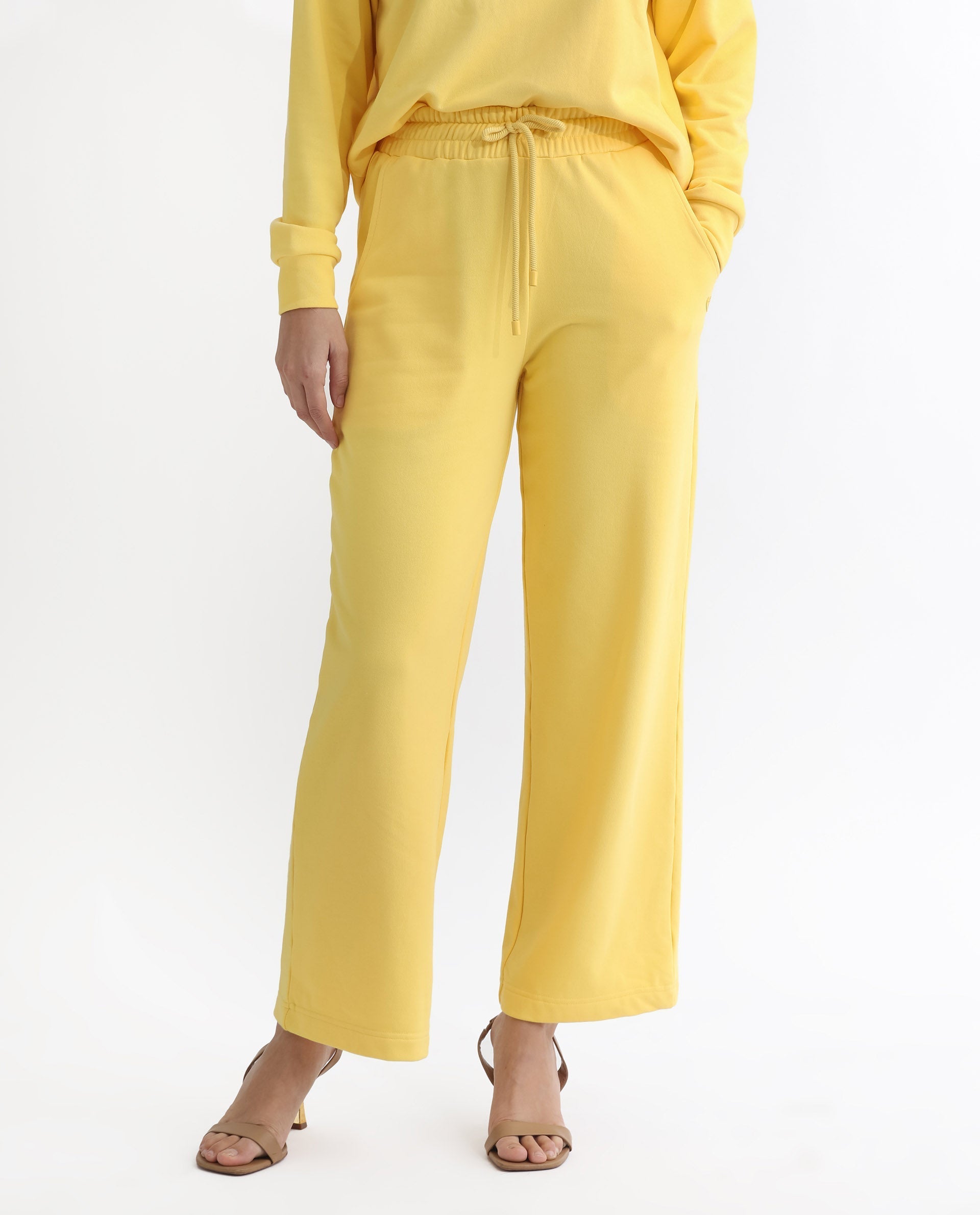 Rareism Women's Pazoo T Yellow Cotton Blend Plain Ankle Length Flared Track Pant