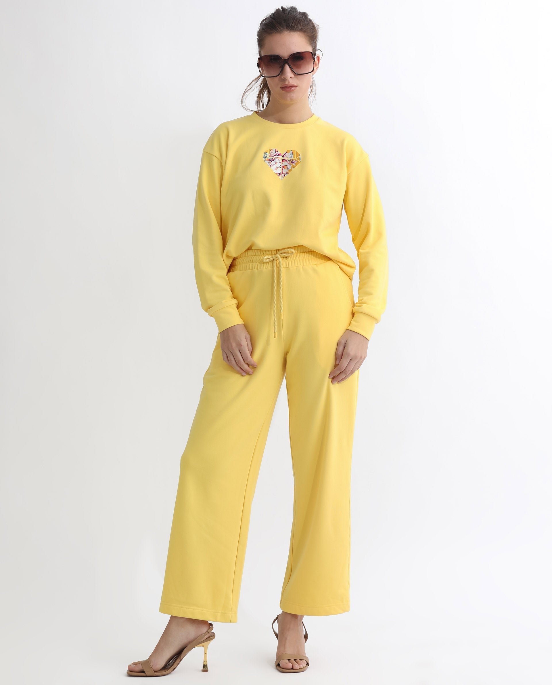 Rareism Women's Pazoo T Yellow Cotton Blend Plain Ankle Length Flared Track Pant