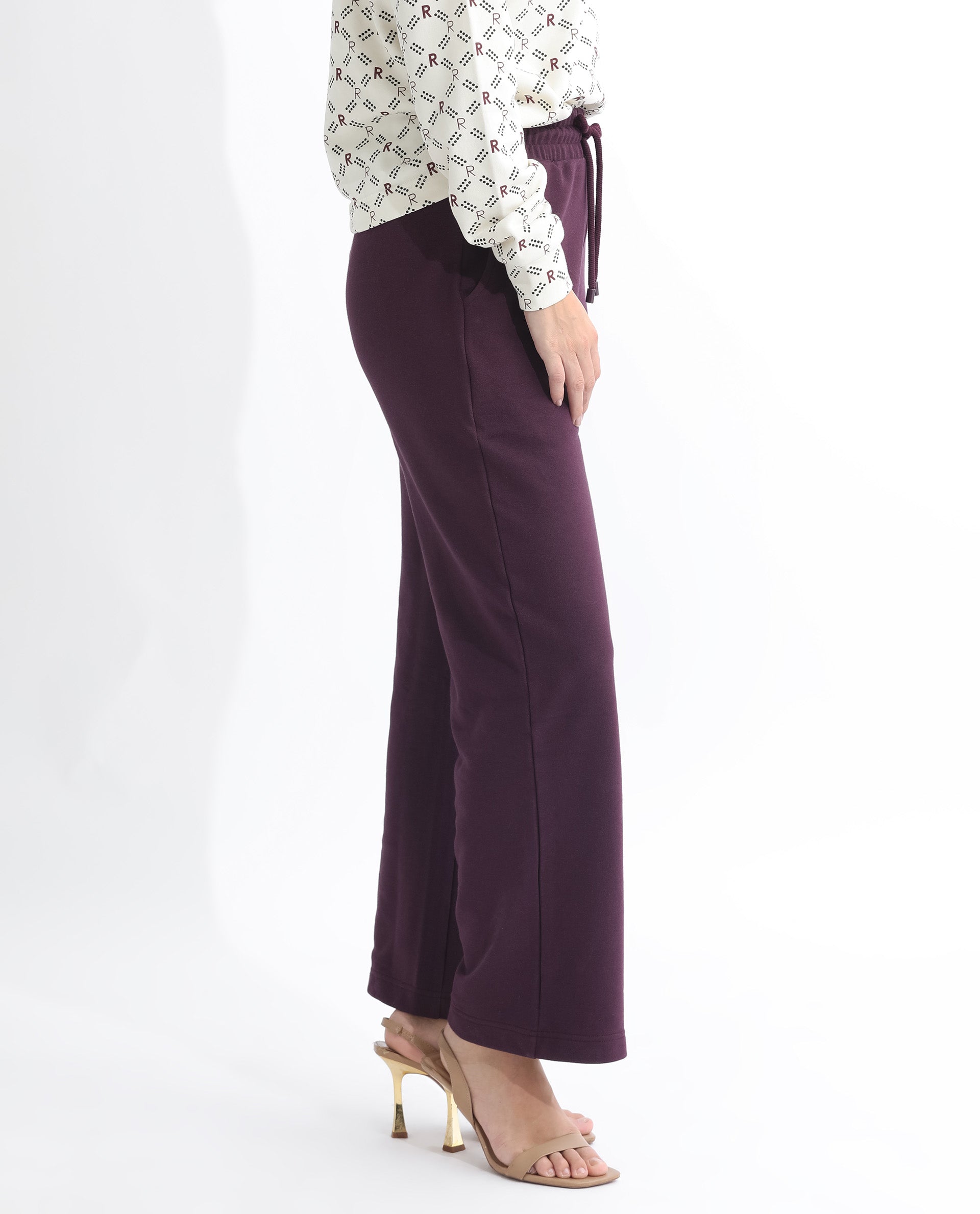 Rareism Women Pazoo T Dark Maroon Cotton Blend Fabric Flared Solid Mid Rise Ankle Length Track Pant