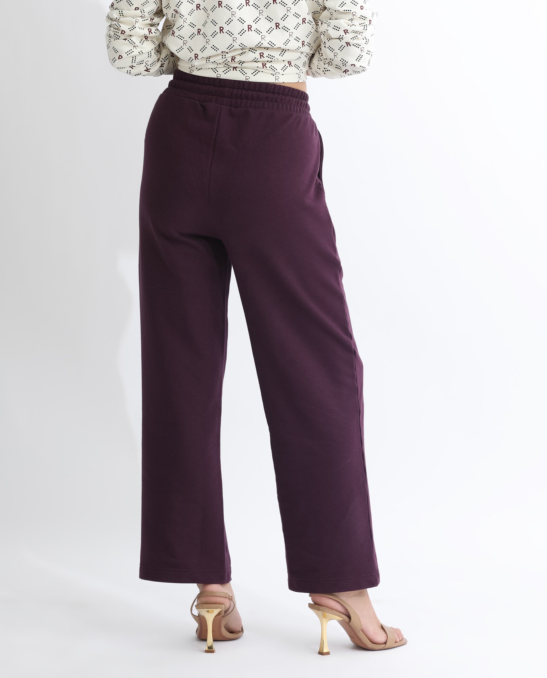 Rareism Women Pazoo T Dark Maroon Cotton Blend Fabric Flared Solid Mid Rise Ankle Length Track Pant