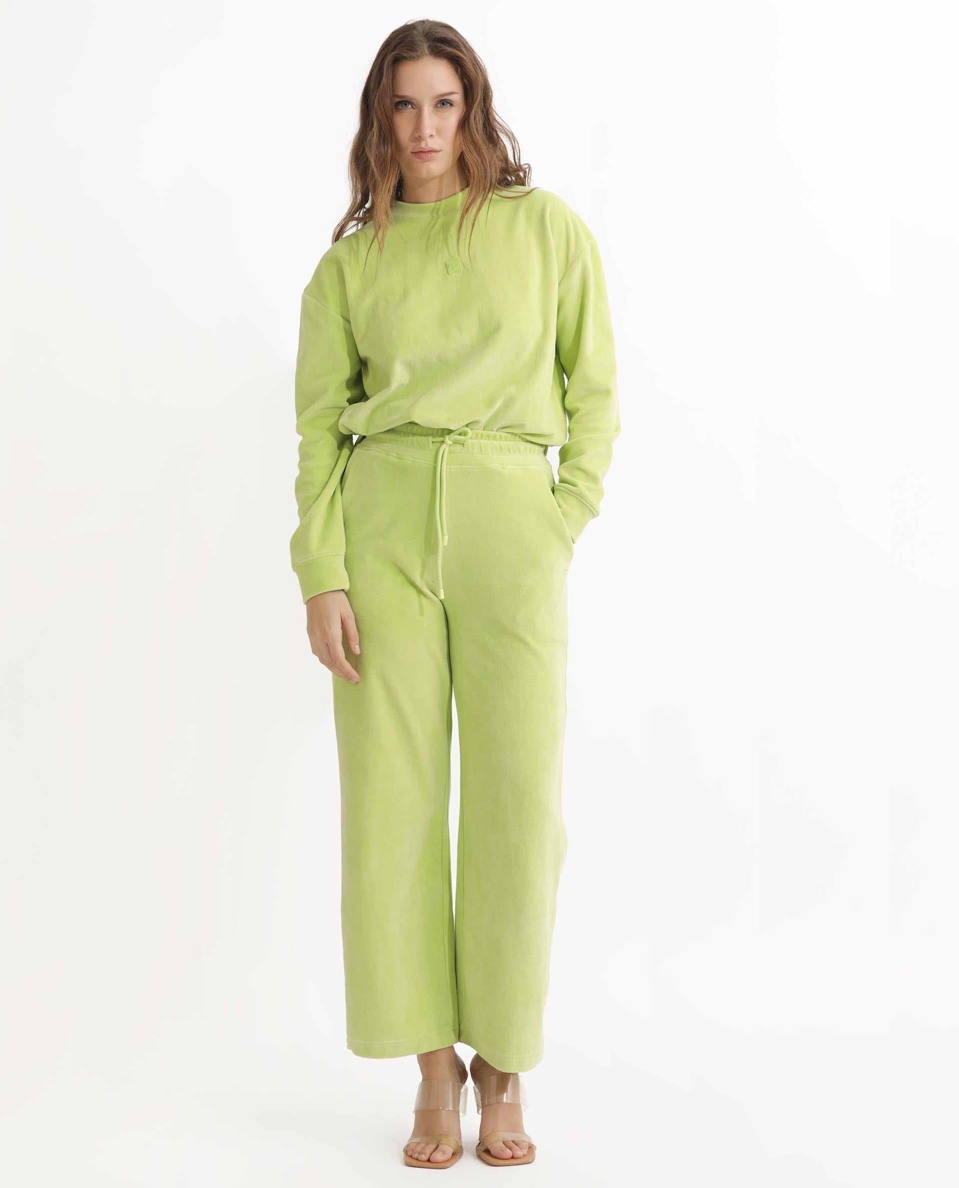 Rareism Women's Pazoo Tt Light Green Cotton Blend Plain Ankle Length Flared Track Pant