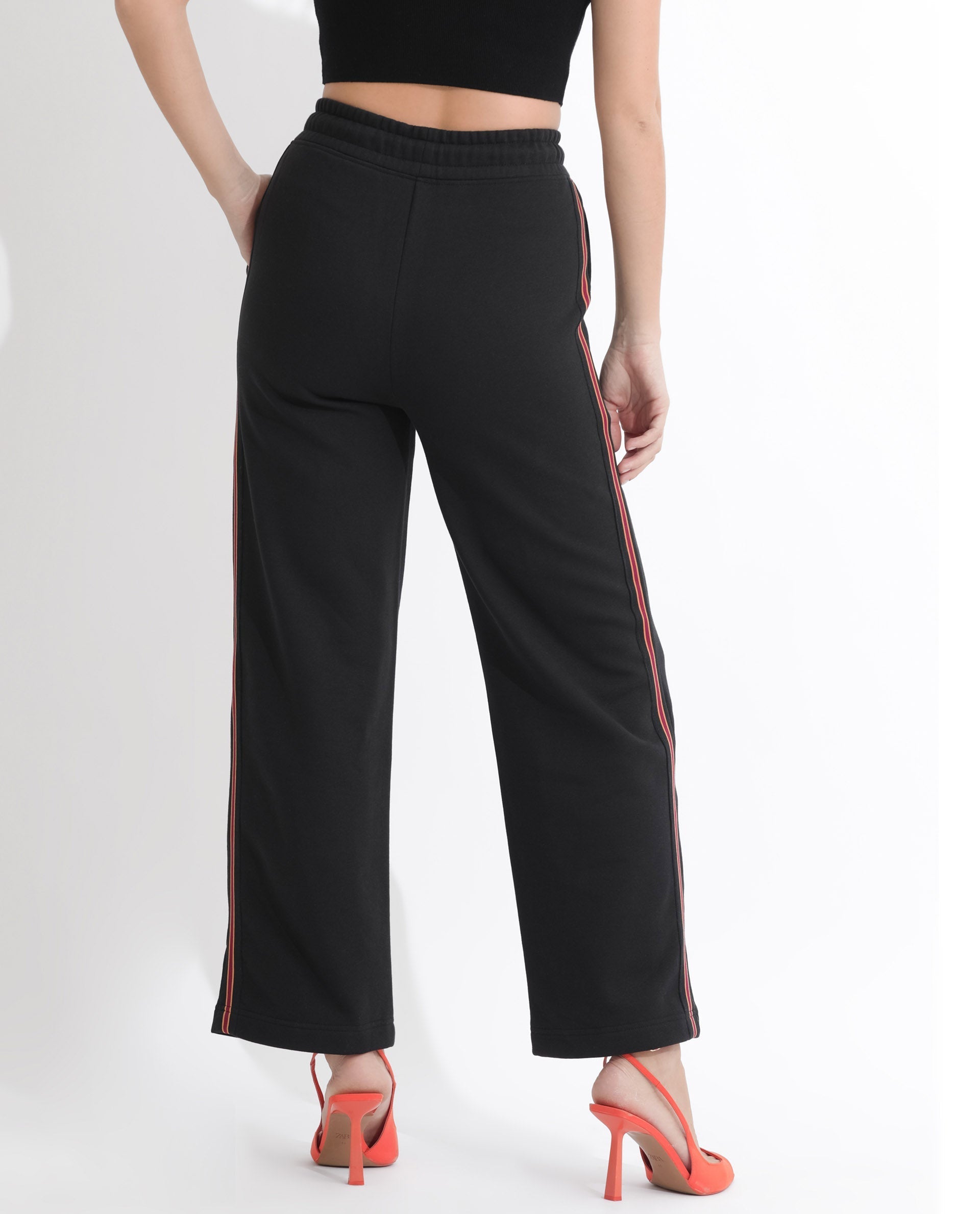 Rareism Women's Pazoo F Black Cotton Blend Plain Ankle Length Flared Track Pant