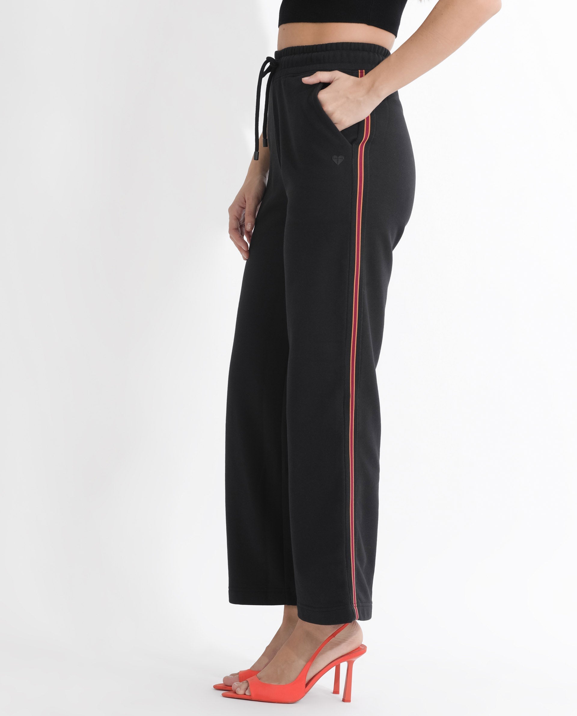 Rareism Women's Pazoo F Black Cotton Blend Plain Ankle Length Flared Track Pant