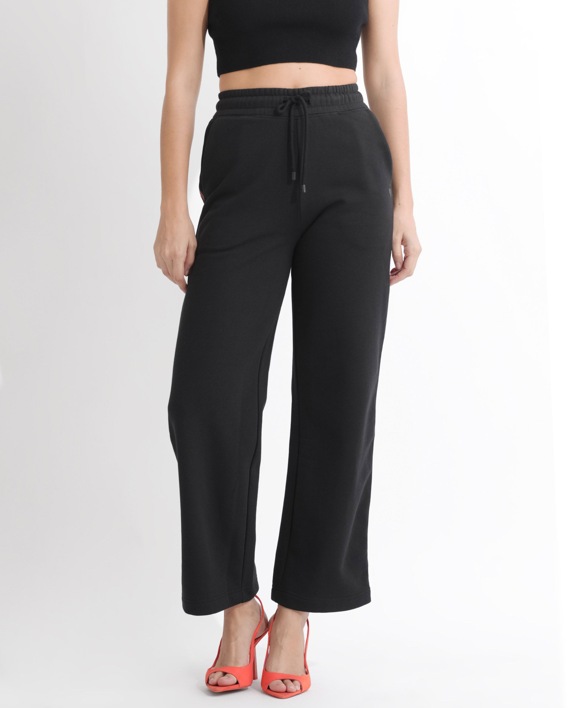 Rareism Women's Pazoo F Black Cotton Blend Plain Ankle Length Flared Track Pant