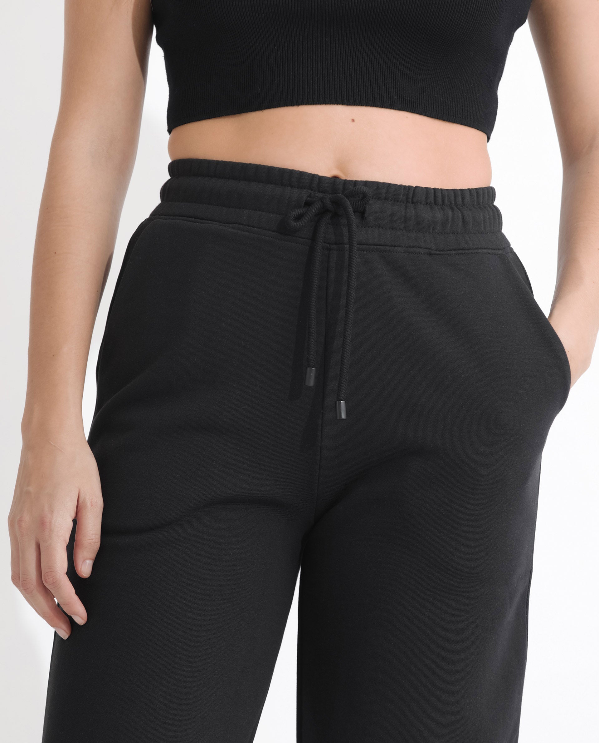 Rareism Women's Pazoo F Black Cotton Blend Plain Ankle Length Flared Track Pant