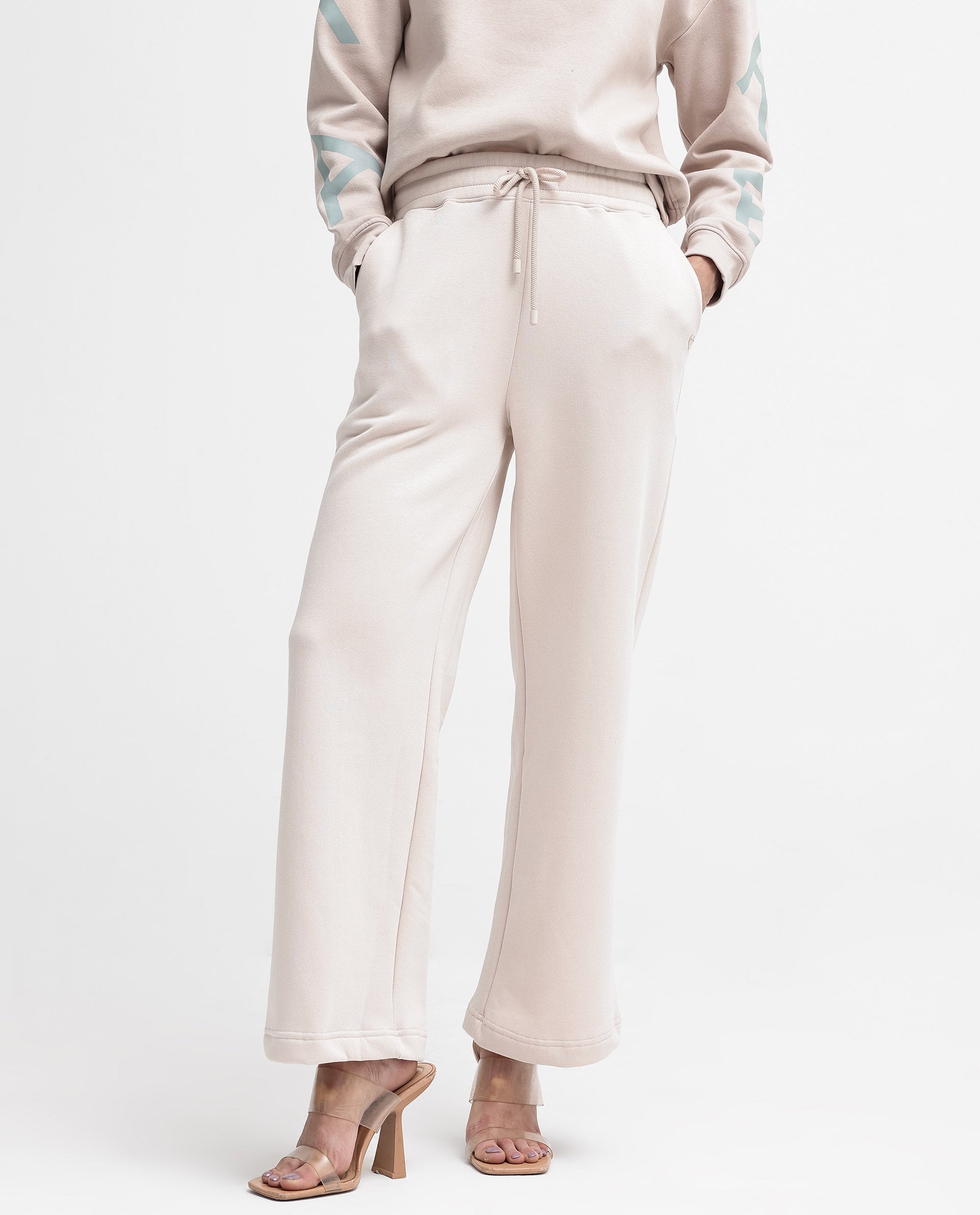 Rareism Women's Pazoo P Beige Cotton Blend Plain Ankle Length Flared Track Pant