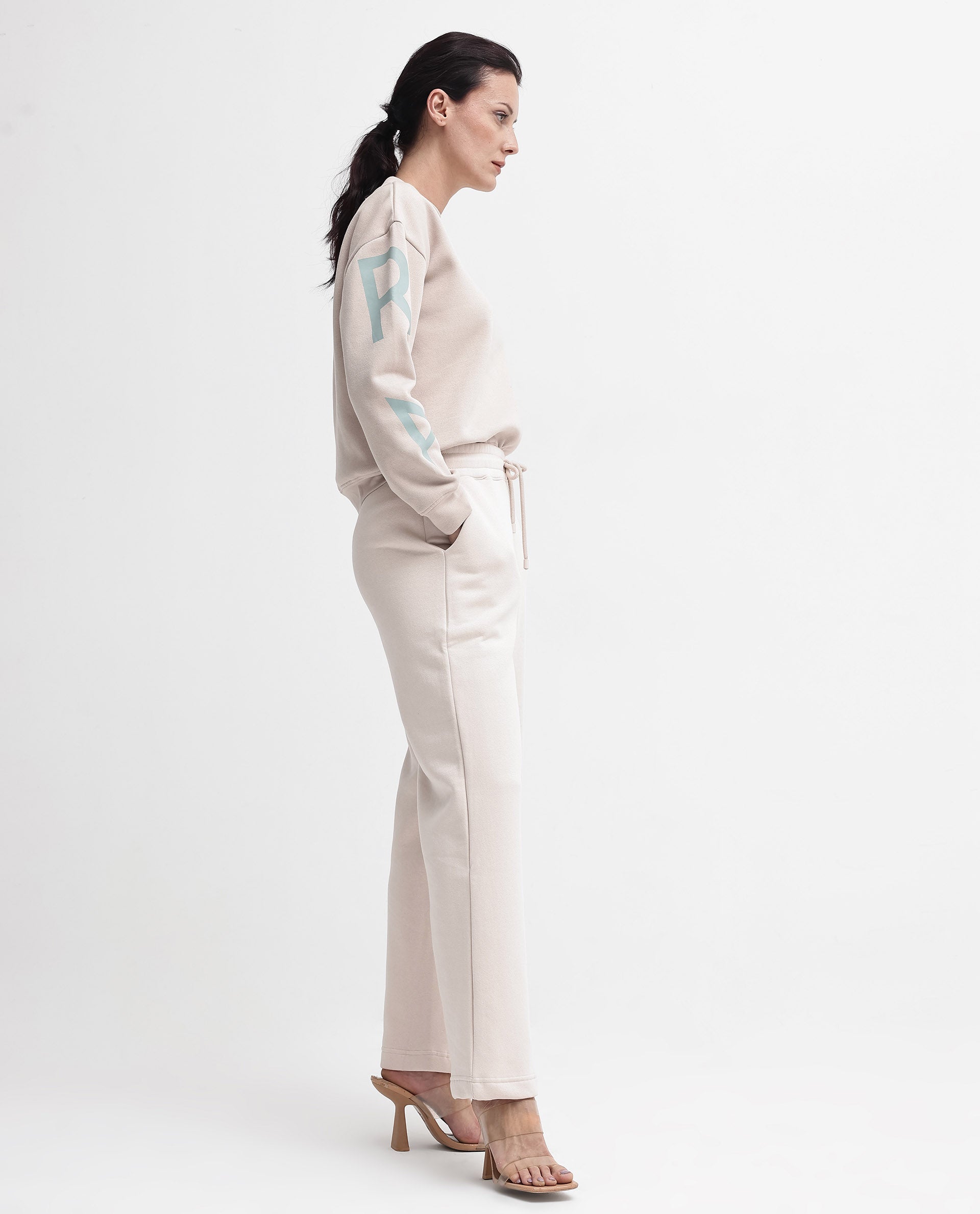 Rareism Women's Pazoo P Beige Cotton Blend Plain Ankle Length Flared Track Pant