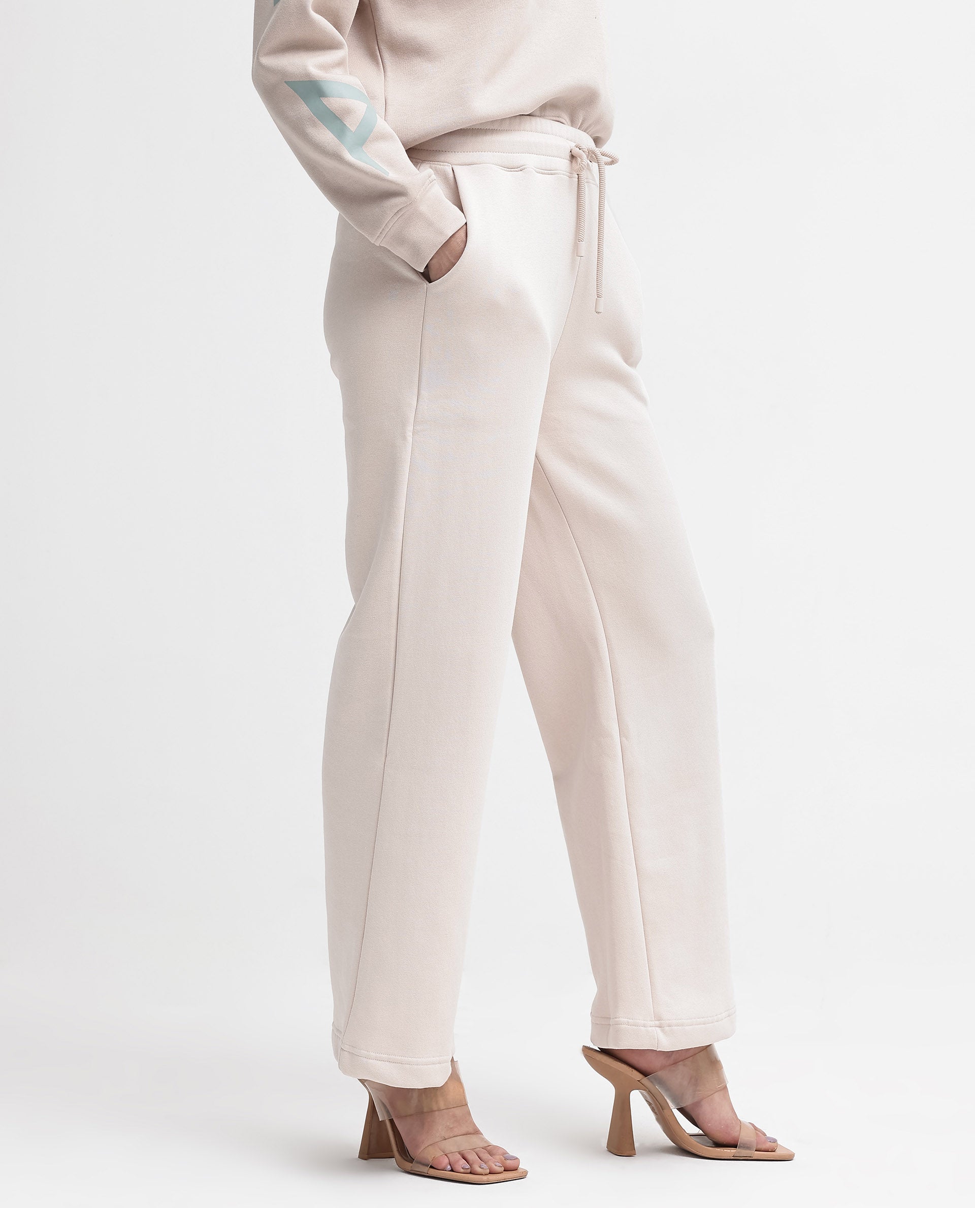 Rareism Women's Pazoo P Beige Cotton Blend Plain Ankle Length Flared Track Pant