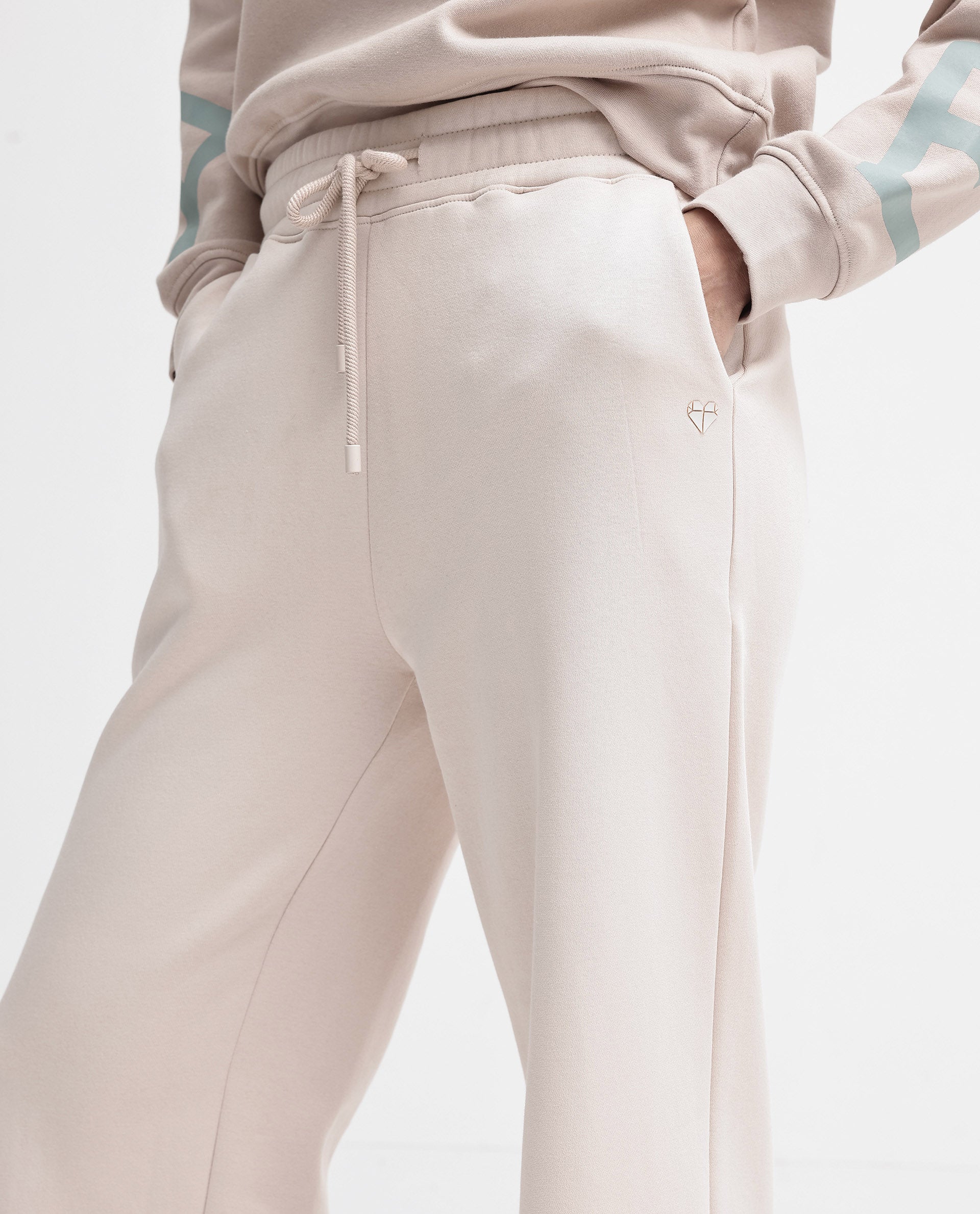 Rareism Women's Pazoo P Beige Cotton Blend Plain Ankle Length Flared Track Pant