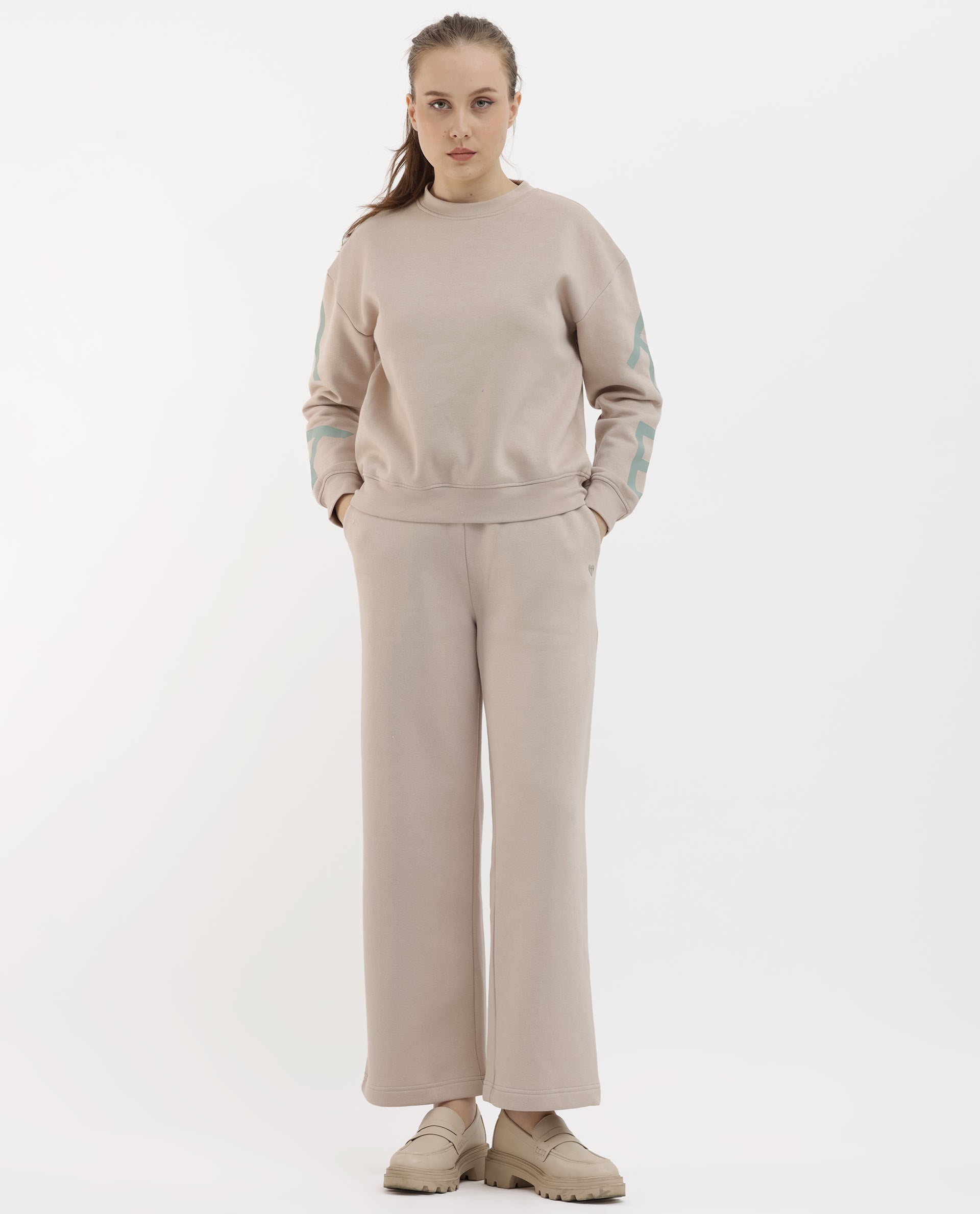 Rareism Women's Pazoo F Beige Cotton Blend Plain Ankle Length Flared Track Pant