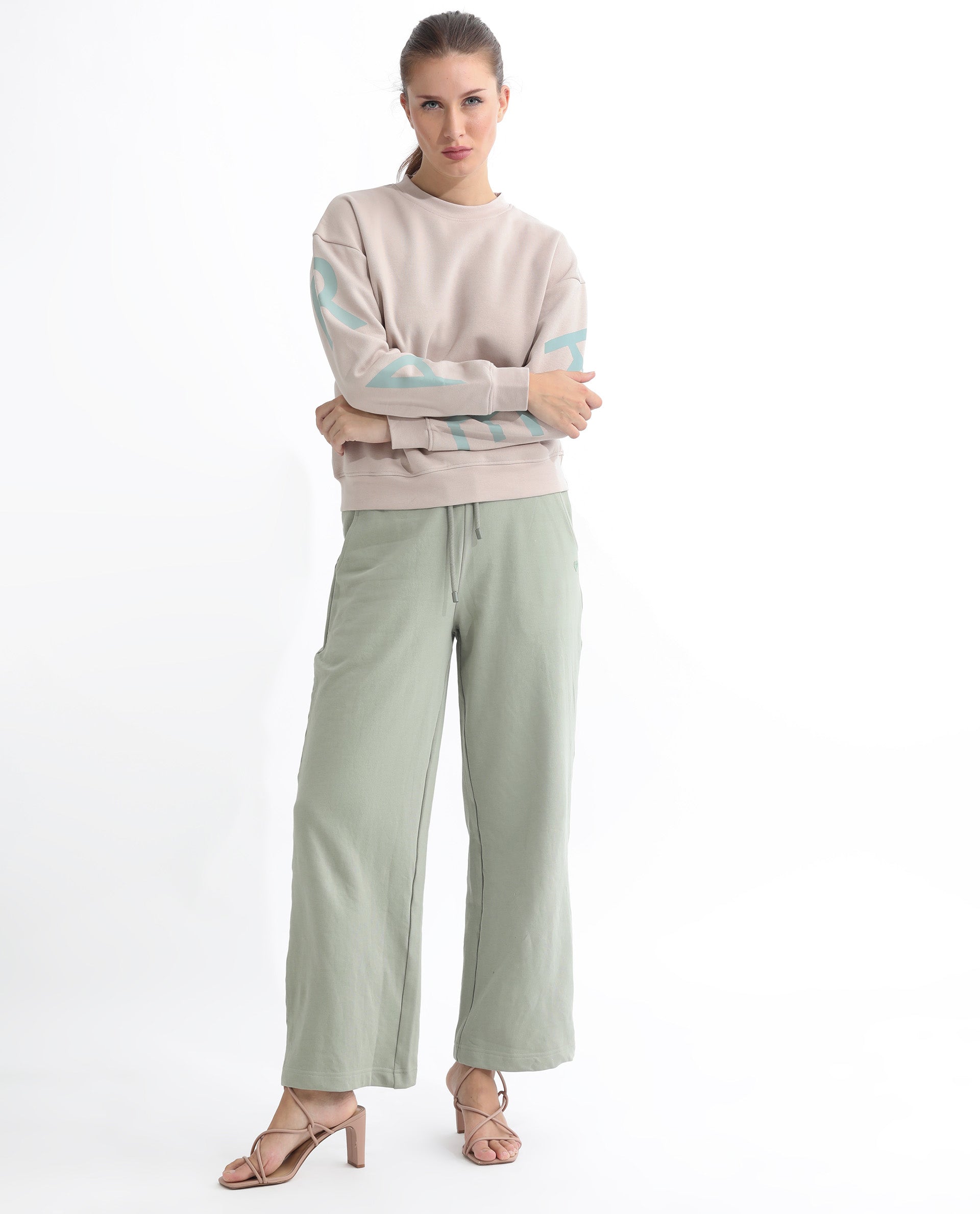 Rareism Women's Pazoo T Dusky Green Cotton Blend Plain Ankle Length Flared Track Pant
