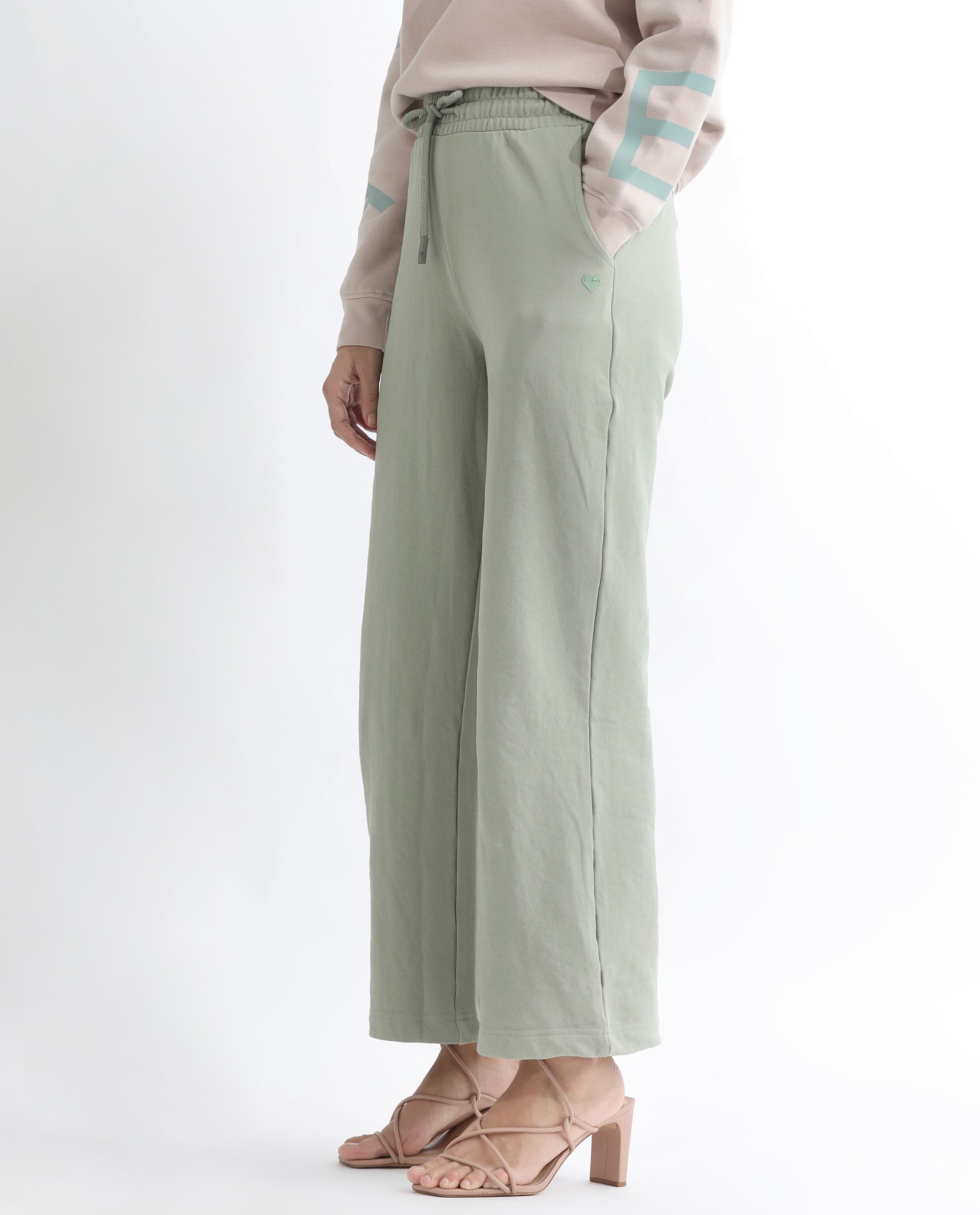 Rareism Women's Pazoo T Dusky Green Cotton Blend Plain Ankle Length Flared Track Pant