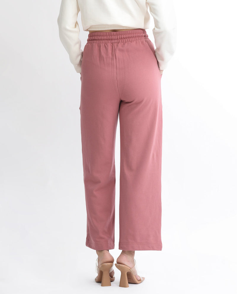 Rareism Women Pazoo T Dusky Pink Cotton Blend Fabric Flared Solid Mid Rise Ankle Length Track Pant